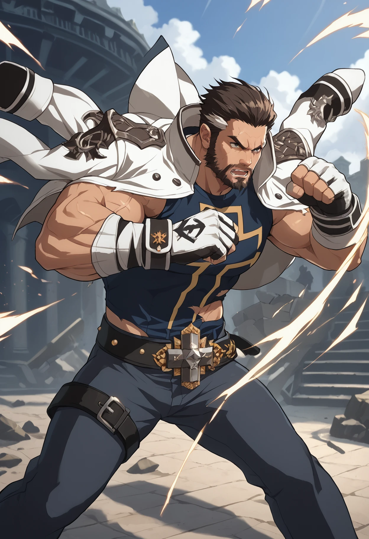 score_9, score_8_up, score_7_up, highly detailed, intricate details, detailed background, 1boy, bara, mature male, short hair, multicolored hair, white streak, gloves, jacket, sleeveless, torn clothes, scar, muscular, beard, fighting stance, jacket on shoulders, manly, punching, action pose, dnfmonk <lora:DNF Monk (Pony)1:0.9>