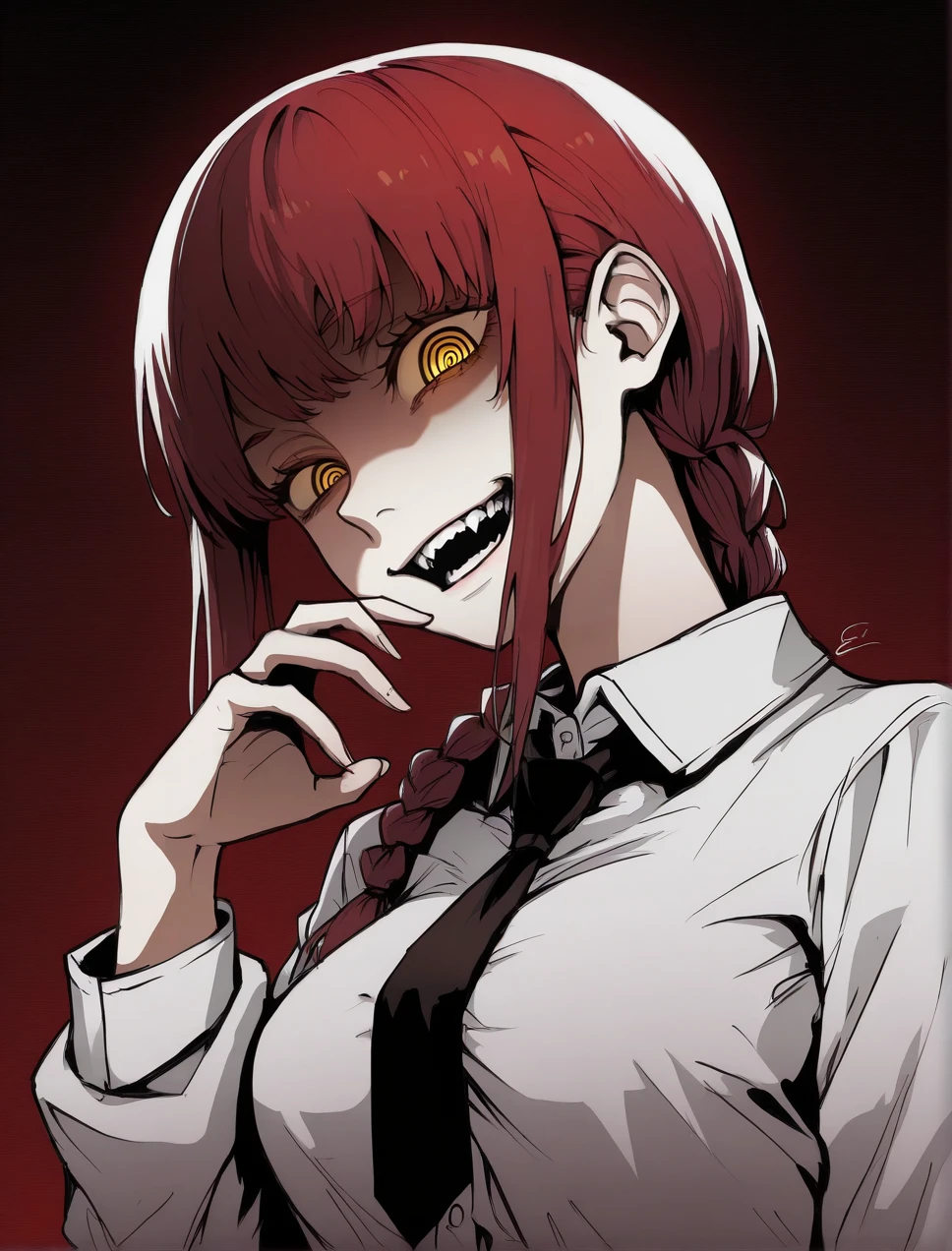 masterpiece, best quality, limited color palette,lineart, dark (theme),upper body,
1girl,solo,
edgGesugao,sadistic smile, bangs, simple background, shirt, long sleeves, yellow eyes, white shirt, upper body, braid, red hair, necktie, teeth, collared shirt, signature, gradient, gradient background, glowing, shaded face, glowing eyes, black necktie, red background, braided ponytail, evil smile, ringed eyes, makima (chainsaw man) ,edgGesugao facial expression
 <lora:edgGesugaoILS-000006:1>