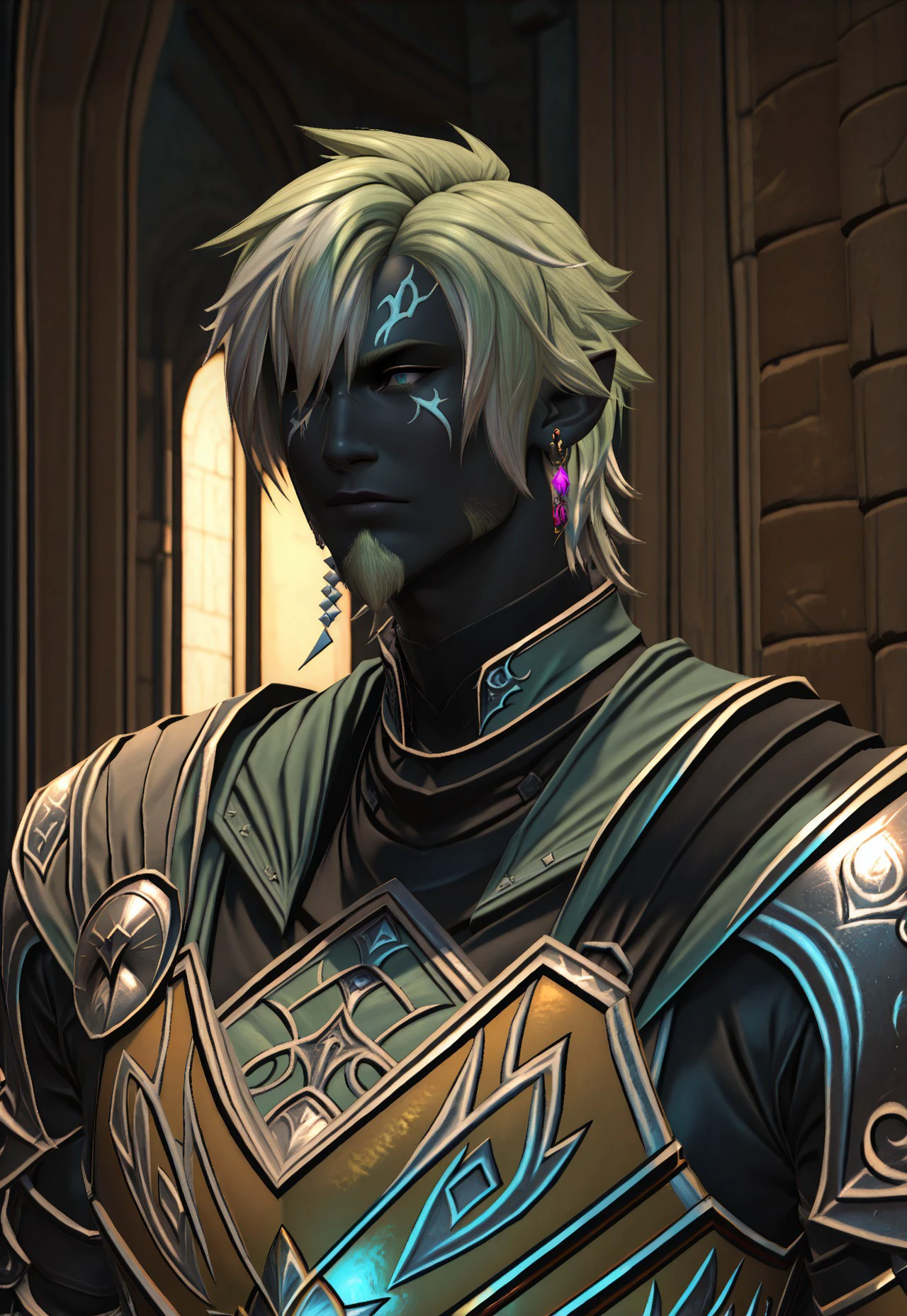 KRH1ST1A, elvaan, 1boy, male focus, solo, armor, dark-skinned male, facial hair, dark skin, jewelry, earrings, pointy ears, multicolored hair, colored skin, breastplate, upper body, green hair, blonde hair, two-tone hair, beard, hair over one eye, goatee, shoulder armor, elezen, vibrant color, cinematic lighting, cinematic angle, best quality