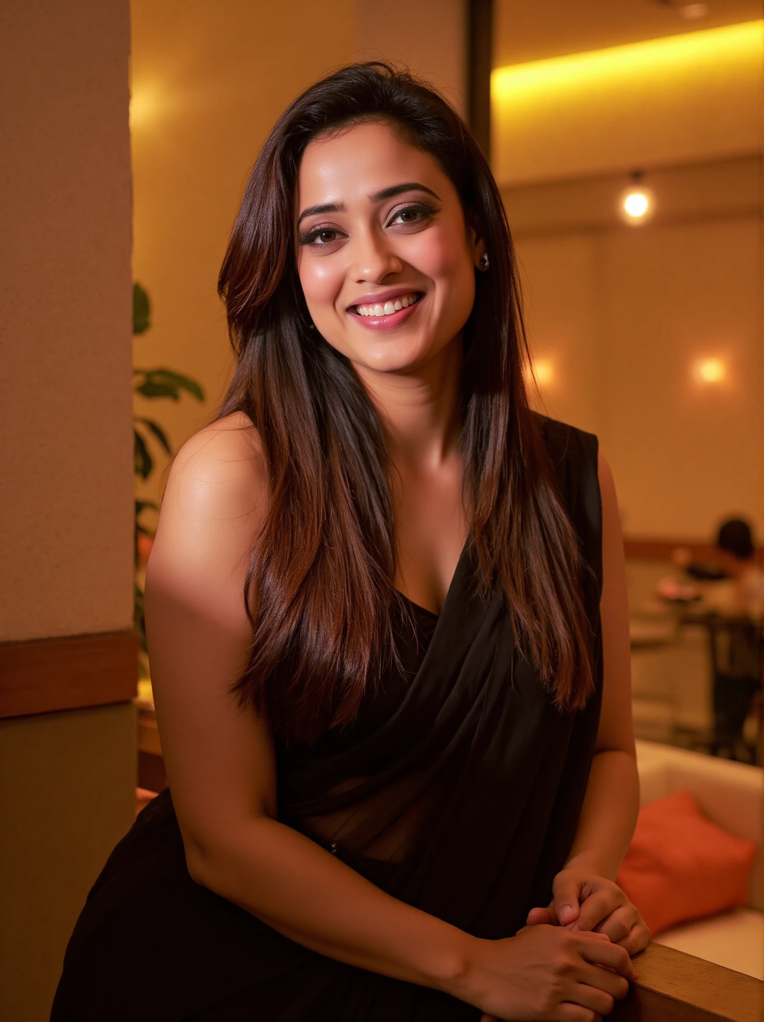 A dazzling shot of a woman smiling with long dark brown hair standing, a black sleeveless saree in a nicely lit cafe. Her eyes are wide open, and her lips are pink. and the woman's hair cascades over her shoulders,shwetat