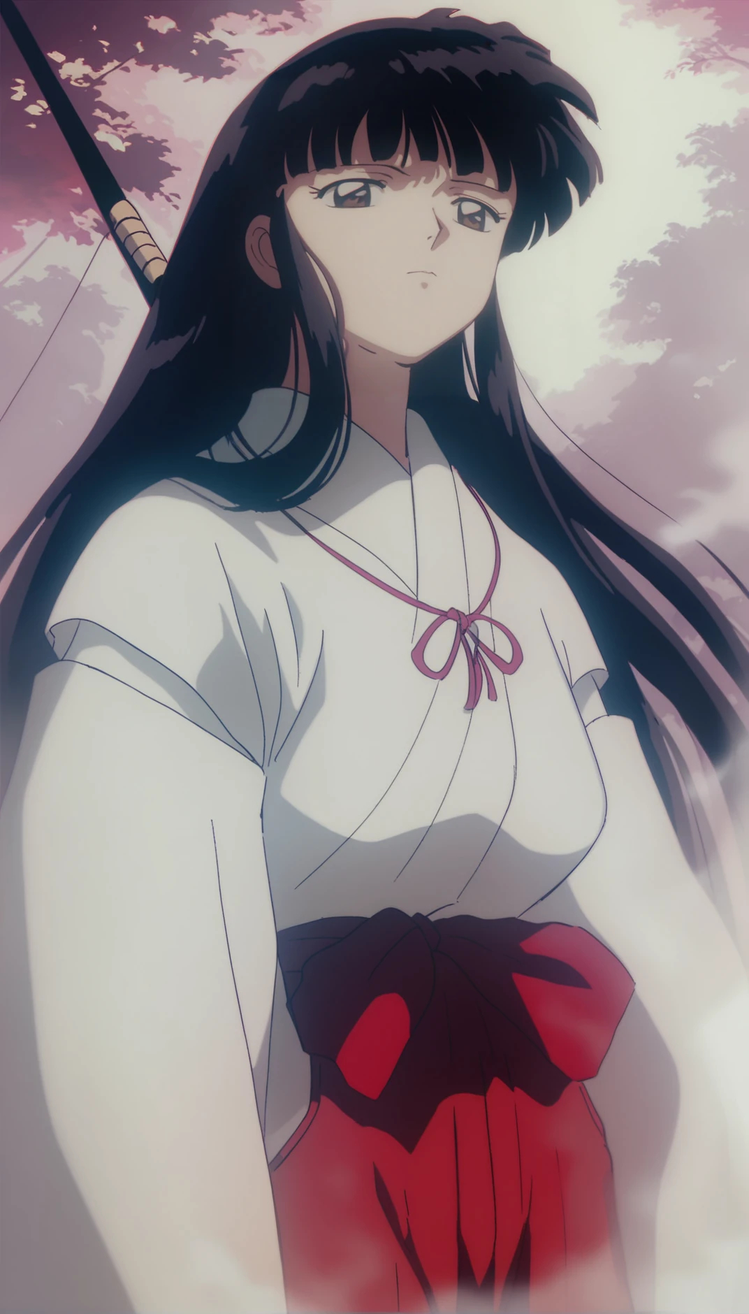 score_9,score_8_up,score_7_up,
<lora:1126kikyo:1>,oykik,
1girl,solo,black hair,bangs,long hair,
brown eyes,
miko outfit,
red ribbon necklace,red hakama,
upper body,from below,
outdoors,soft lighting,fog,