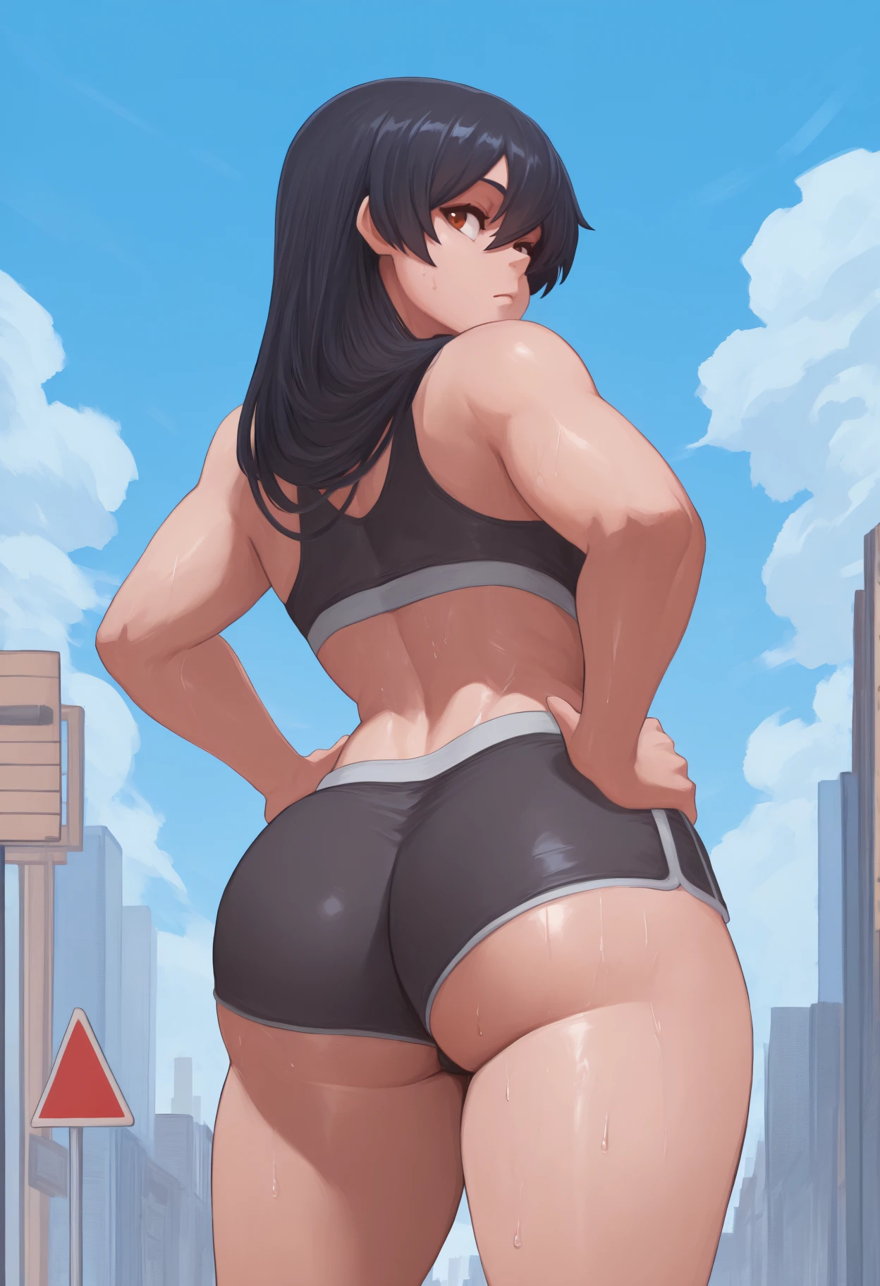 masterpiece, best quality, <break> from behind, solo, 1girl, izumo fuuko, sweat, expressionless, looking back, hands on own hips, short hair, black hair, hair between eyes, long hair, hair down, brown eyes, black sports bra, black shorts, micro shorts, ass, outdoors, blue sky, cloud, city street, road sign
<segment:yolo-Anzhc Face seg 640 v2 y8n.pt,0.4,0.5//cid=1>