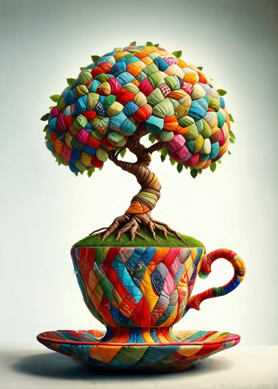 a little realistic tree growing out of a teacup made out of colorful fabric, decent colors, classy, film still, epic