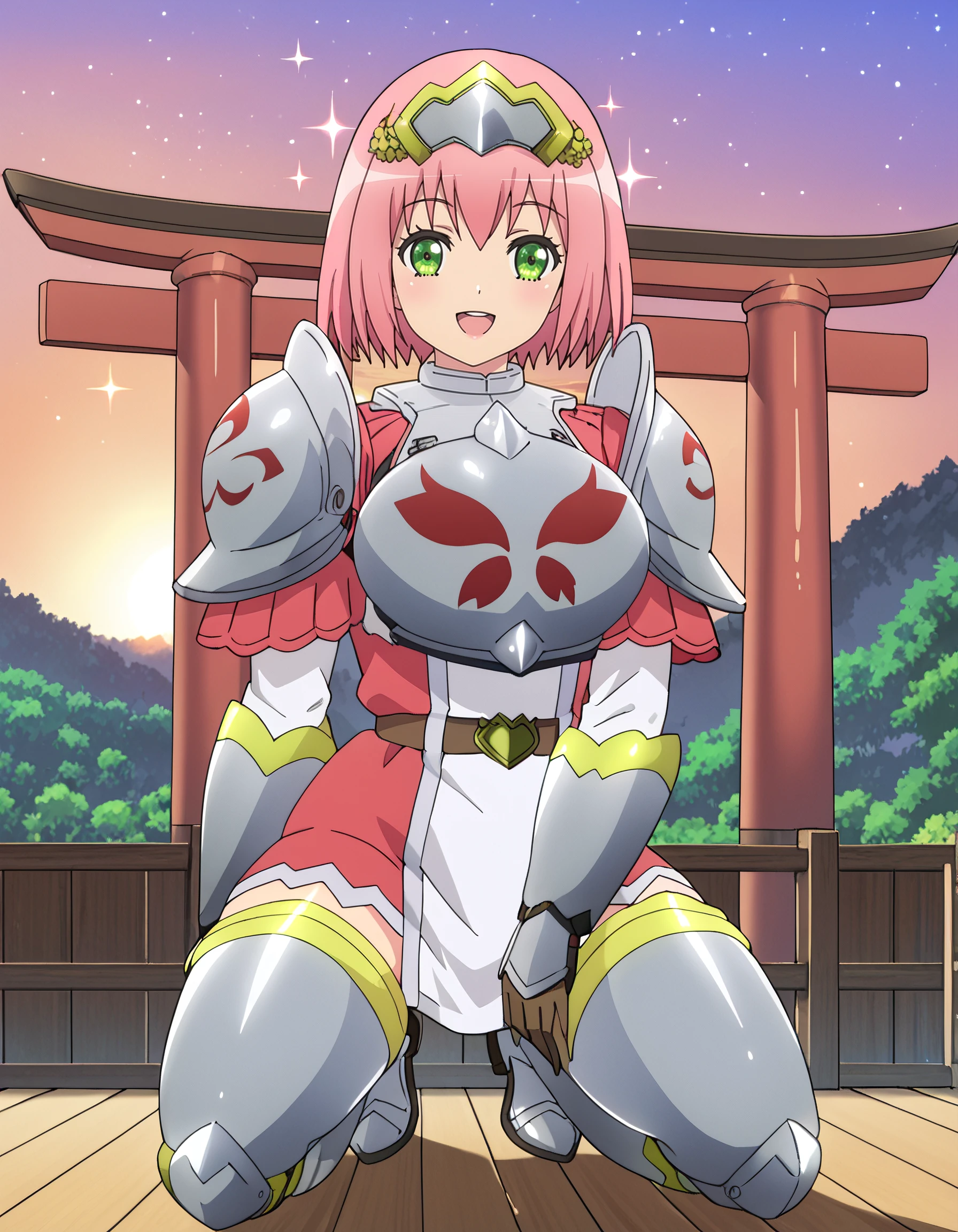 <lora:nohkins_hanabata:1> nohkins_hanabata, pink_hair, short_hair, green_eyes, armor, belt, shoulder_armor, gauntlets, brown_gloves, pauldrons, breastplate, thighhighs, armored_boots, greaves, 1girl, solo, shiny_skin, kneeling, indoors, torii, sunset, butterflies, sparkles, pastel_gradient, v, smile, looking_at_viewer, open_mouth