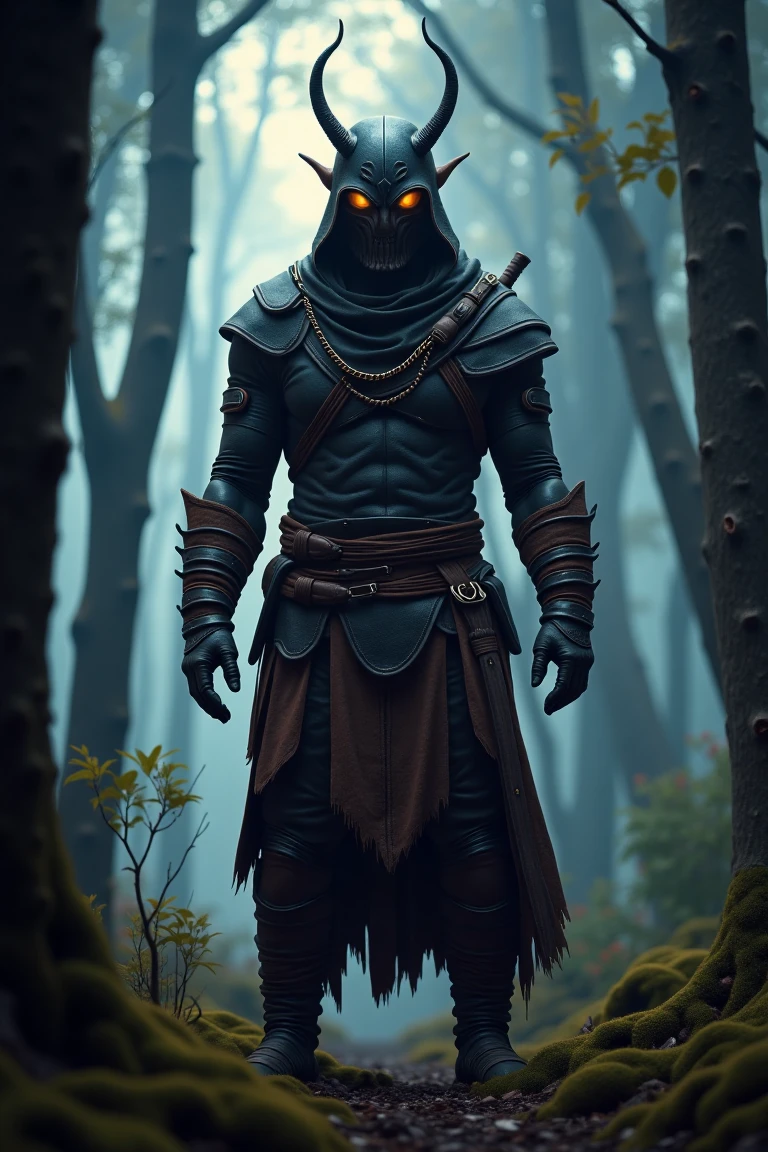 A Voxav clan member stands tall in a mystical forest glade, lit by soft, eerie illumination that accentuates the worn leather armor's rugged texture. The camera frames their unyielding gaze and powerful physique, emphasizing their strength and readiness to defend their kin at a moment's notice. The surrounding mist-shrouded trees create an atmosphere of unity and determination, as if they are one with the land and their tribe.,voxav clan