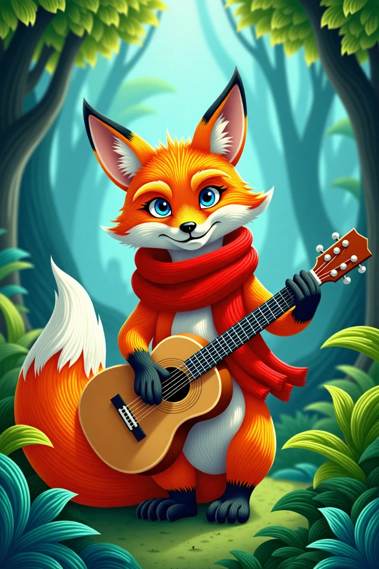 In a mystical, nule style forest setting, where emerald hues and misty veil envelop the landscape, an orange fox poses with regal presence. Framed by lush foliage, the cunning creature gazes piercingly through bright blue eyes, its right hand cradling a light brown guitar. The fiery red scarf wraps elegantly around the neck, complementing darker orange paws and the white feathered tail tip. Amidst the dense forest, the warm-toned fox stands out against the deep blue backdrop, highlighting striking features amidst the mystique of the misty forest.