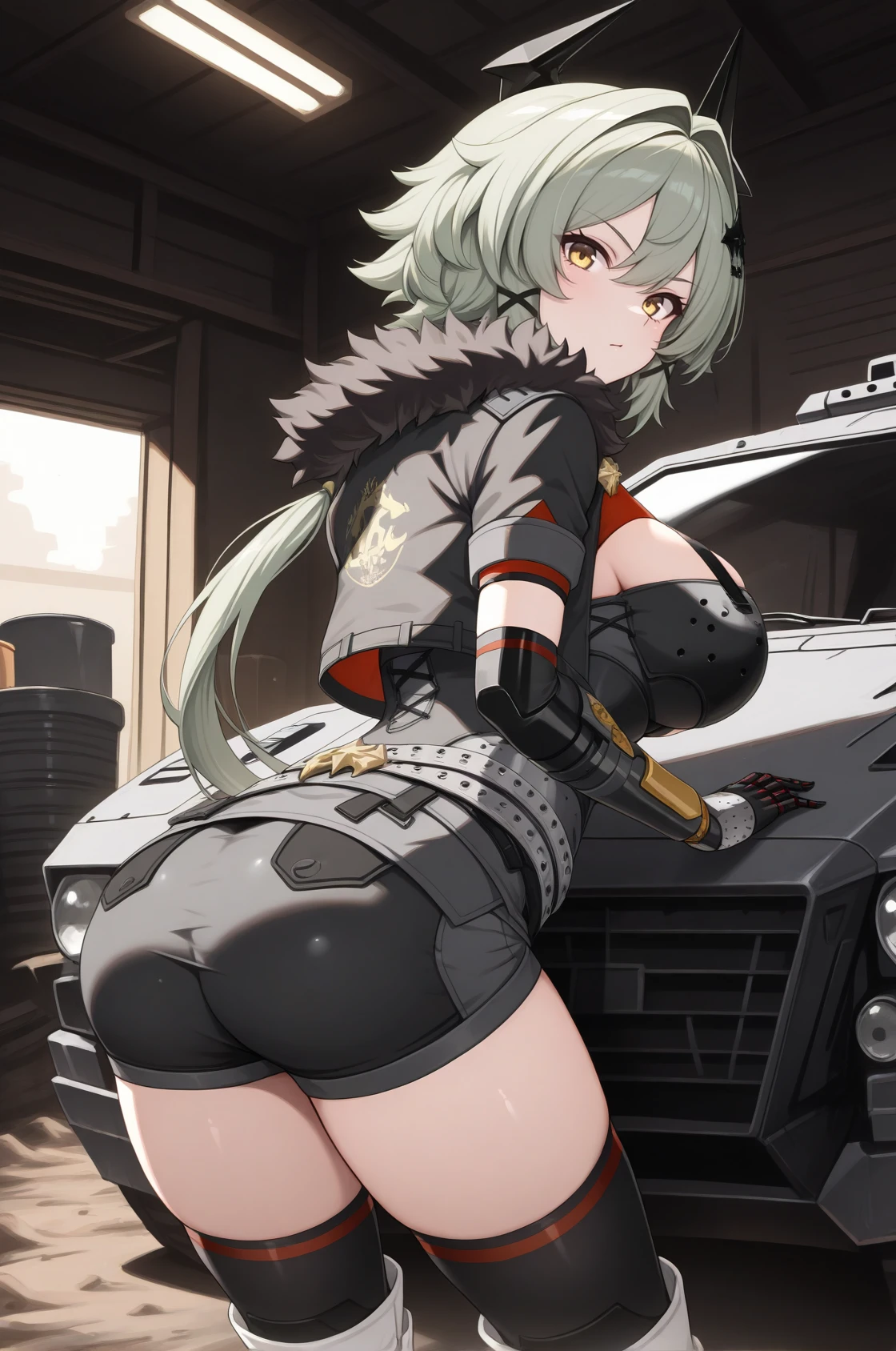 masterpiece, best quality, looking at viewer, looking back, from behind, kgc, green hair, yellow eyes, hair intakes, hair between eyes, sidelocks, low ponytail, x hair ornament, hair ornament, fake horns, large breasts, single mechanical arm, black choker, fur-trimmed jacket, cropped jacket, black jacket, grey dress, cleavage, black chest guard, red turtleneck, clasp, strap, grey belt, belt buckle, harness, black shorts, white boots, black thighhighs, single glove, black glove, ass, leaning forward, against vehicle, armored vehicle, indoors, garage, dirt, dark room, dappled sunlight, <lora:Hoseki_ZenlessZoneZero_CaesarKing_IllustriousXL_v1:1>