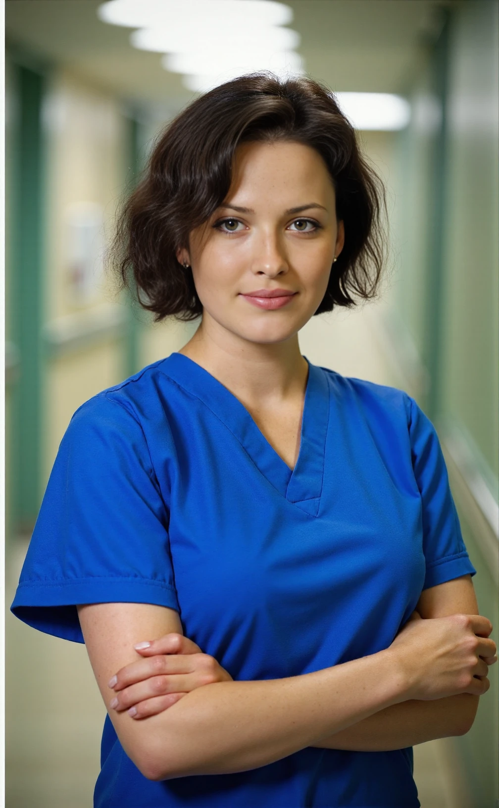 A professional photograph of DashaAstafieva working as a nurse in a hospital, stock photograph, light make-up, short dark hair, detailed skin, bokeh, female focus, SFW <lora:Dasha_Astafieva_-_ÐÐ°ÑÐ°_ÐÑÑÐ°ÑÑÐ²Ð°:1>