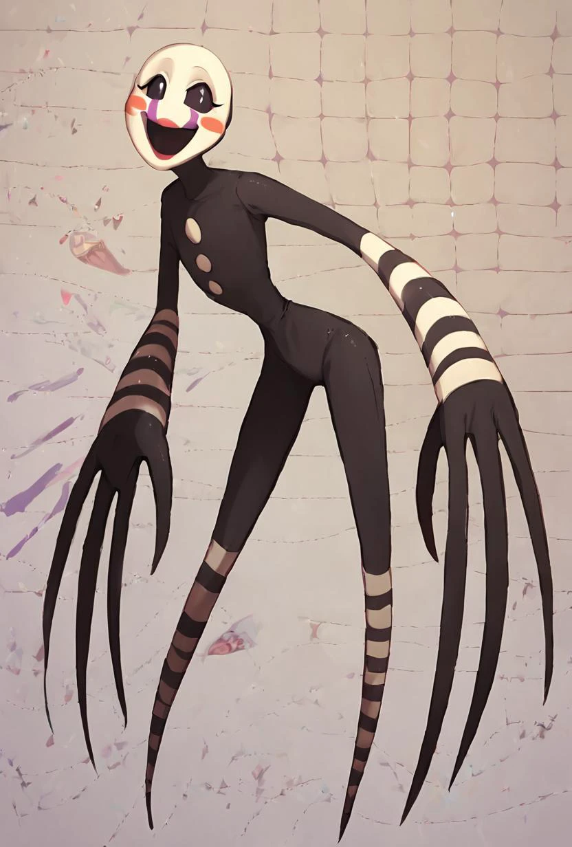 score_9, score_8_up, score_7_up,  looking at viewer, smiling,  <lora:puppet-10:1> puppet, solo, 1girl, white mask, black bodysuit, smile, open mouth, blush stickers, striped, purple tear streaks, detailed background,  full body, black sclera, eye sockets, empty black eyes, no pupils, white head, long limbs