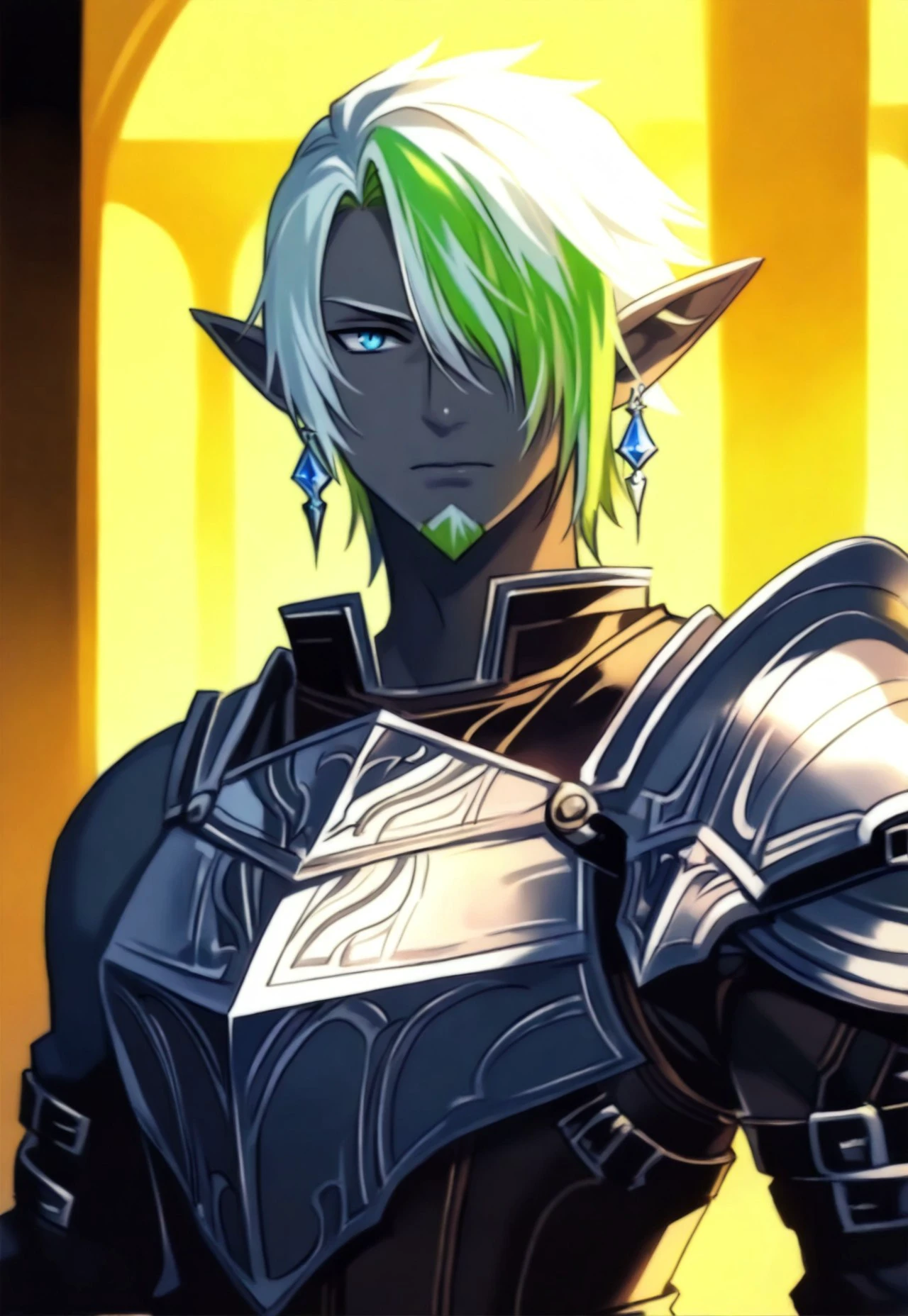 KRH1ST1A, elvaan, 1boy, male focus, solo, armor, dark-skinned male, facial hair, dark skin, jewelry, earrings, pointy ears, multicolored hair, colored skin, breastplate, upper body, green hair, blonde hair, two-tone hair, beard, hair over one eye, goatee, shoulder armor, elezen, vibrant color, cinematic lighting, cinematic angle, masterpiece, best quality