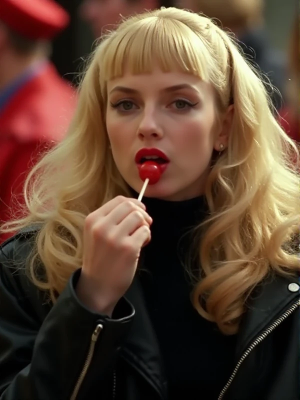 <lora:Wanda WoodwardV2:0.9> wanda woodward,  a blond woman with a bangs and red lipstick and a black jacket, turtleneck clothing . She is eating a lollipop