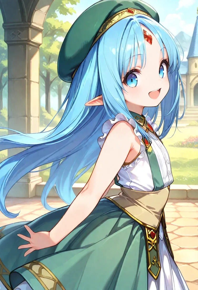 masterpiece, best quality,newest,1girl,reset_kalar_IL ,pointy ears,blue hair,long hair,sleeveless,frilled shirt,suspender skirt,beret,red gem forehead,looking at viewer.smile,open mouth,cute girl, outdoors,intown,<lora:Reset kaler_ilxl_v1:0.8>,dancing,from...