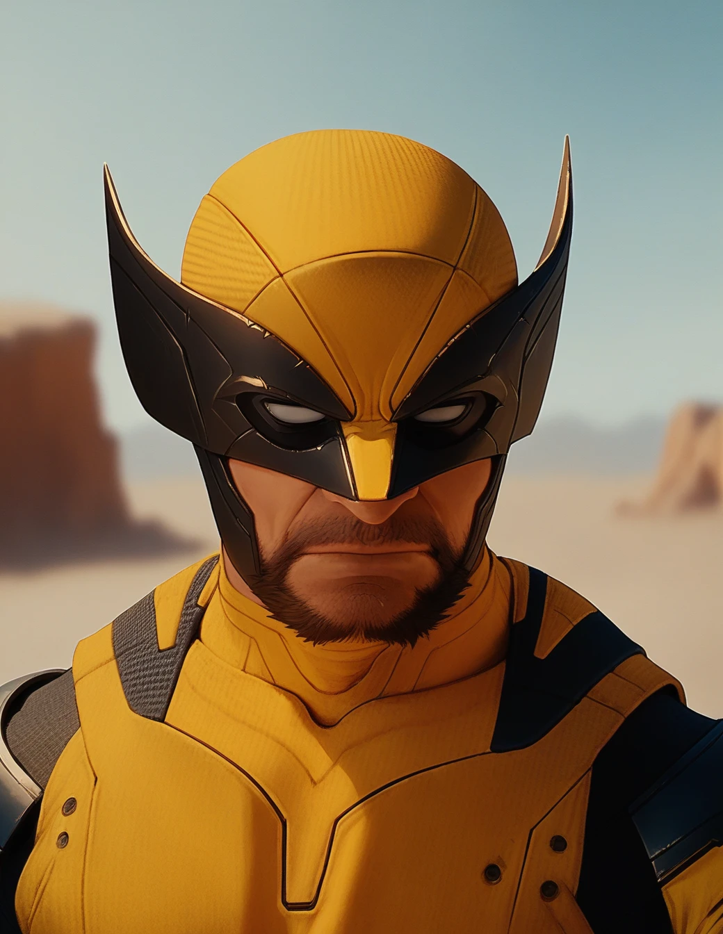 2d style, male, yellow bodysuit, solo. portrait, helmet, high contrast, desert background, beard, white lens, closed mouth <lora:Wolverine:0.8> wolverine, score_9, score_8_up, score_7_up, score_6_up