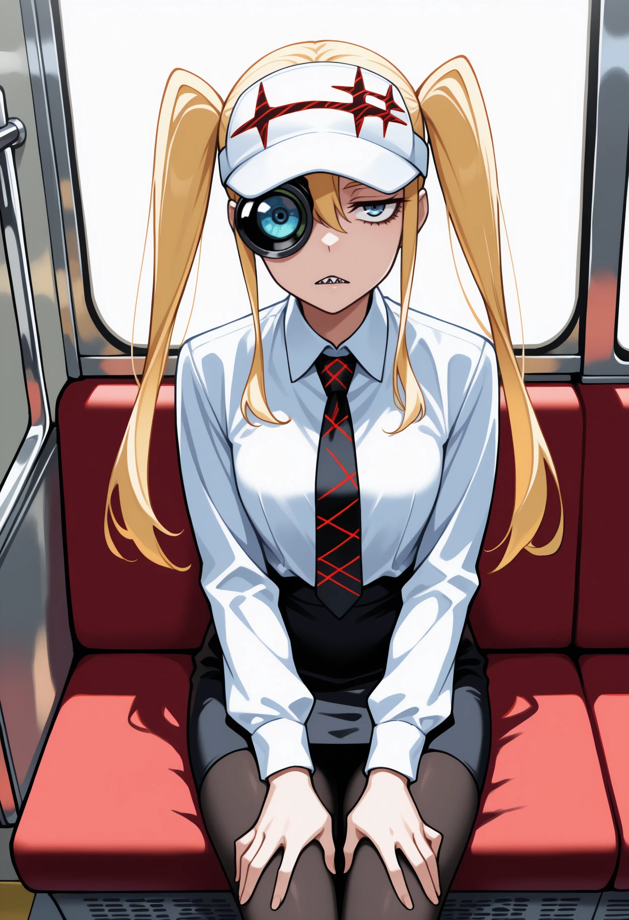 masterpiece, best quality, <break> solo, 1girl, hak0date, sharp teeth, expressionless, looking at viewer, sitting, hands on own thighs, long hair, blonde hair, twintails, white headwear, visor cap, scope, blue eyes, jitome, one eye covered, white shirt, collared shirt, long sleeves, black skirt, pencil skirt, black pantyhose, train interior, window, sunlight
<segment:yolo-Anzhc Face seg 640 v2 y8n.pt,0.4,0.5//cid=1>