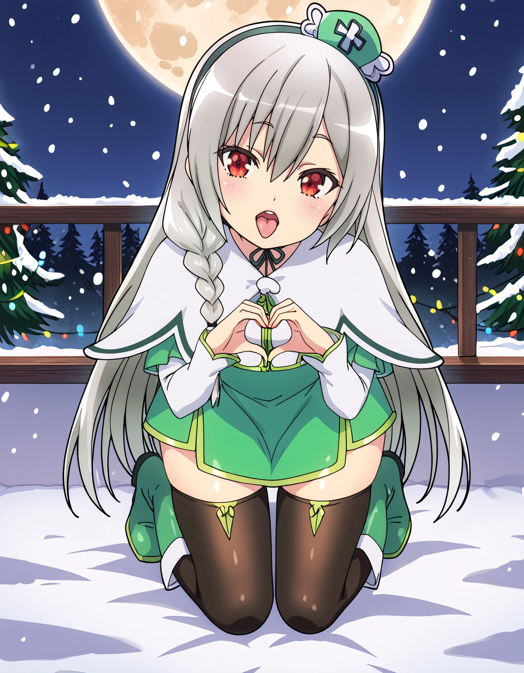 <lora:ange_maidena:1> ange_maidena, grey_hair, long_hair, red_eyes, hair_between_eyes, braid,  long_sleeves,  green_dress, mini_hat, green_hairband, neck_ribbon, capelet, black_thighhighs, knee_boots, green_footwear, 1girl, solo, shiny_skin, all_fours, outdoors, christmas_lights, snowfall, cozy_room, full_moon, squirrels, looking_at_viewer, heart_hands, open_mouth, head_tilt, tongue, ;q