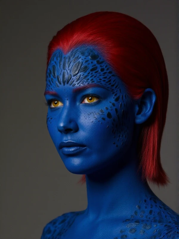 <lora:Mystique_r1:0.9> mystique, blue skin, yellow eyes, red hair. full body. closeup face portrait