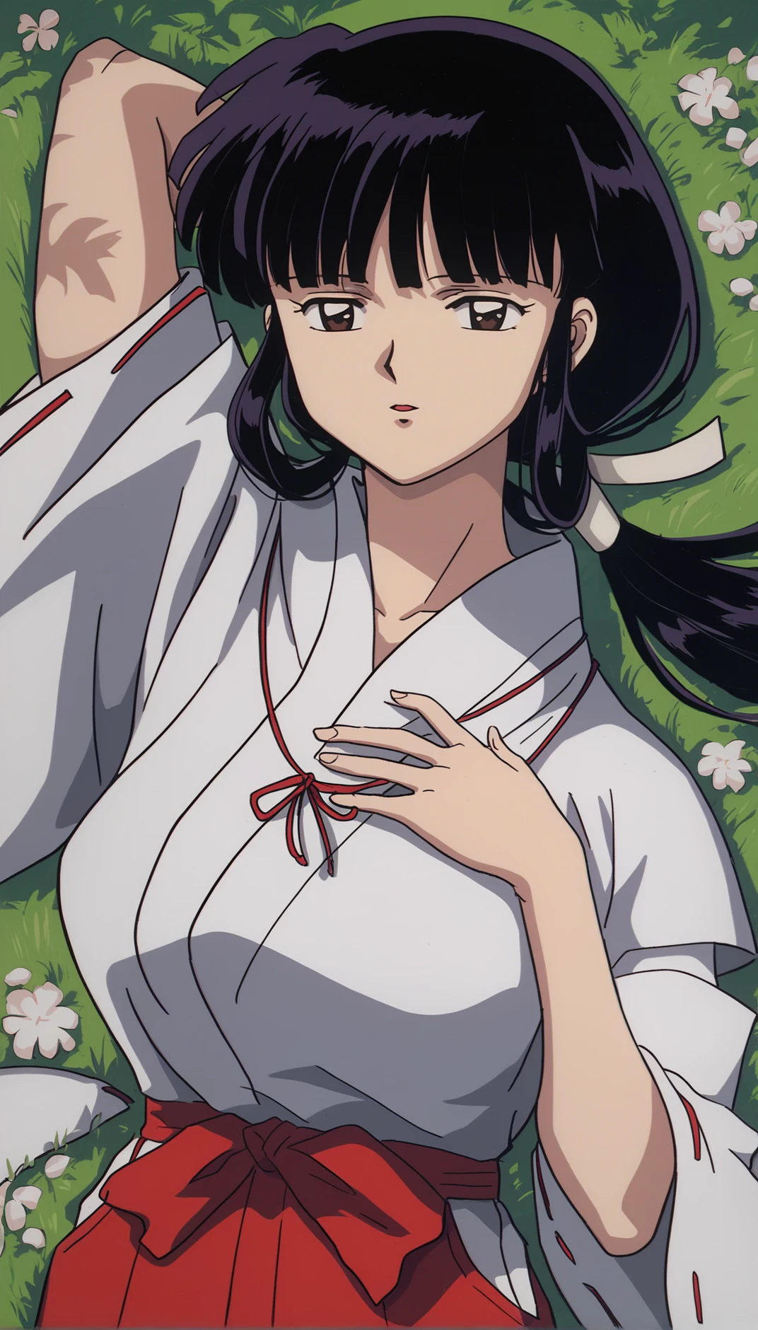 score_9,score_8_up,score_7_up,
<lora:1126kikyo:1>,oykik,
1girl,solo,black hair,bangs,low ponytail,white scrunchie,
brown eyes,looking at viewer,parted lips,
miko outfit,
red ribbon necklace,
red hakama,
portrait,lying,hand on chest,from above,left arm up,
grass,flowers,