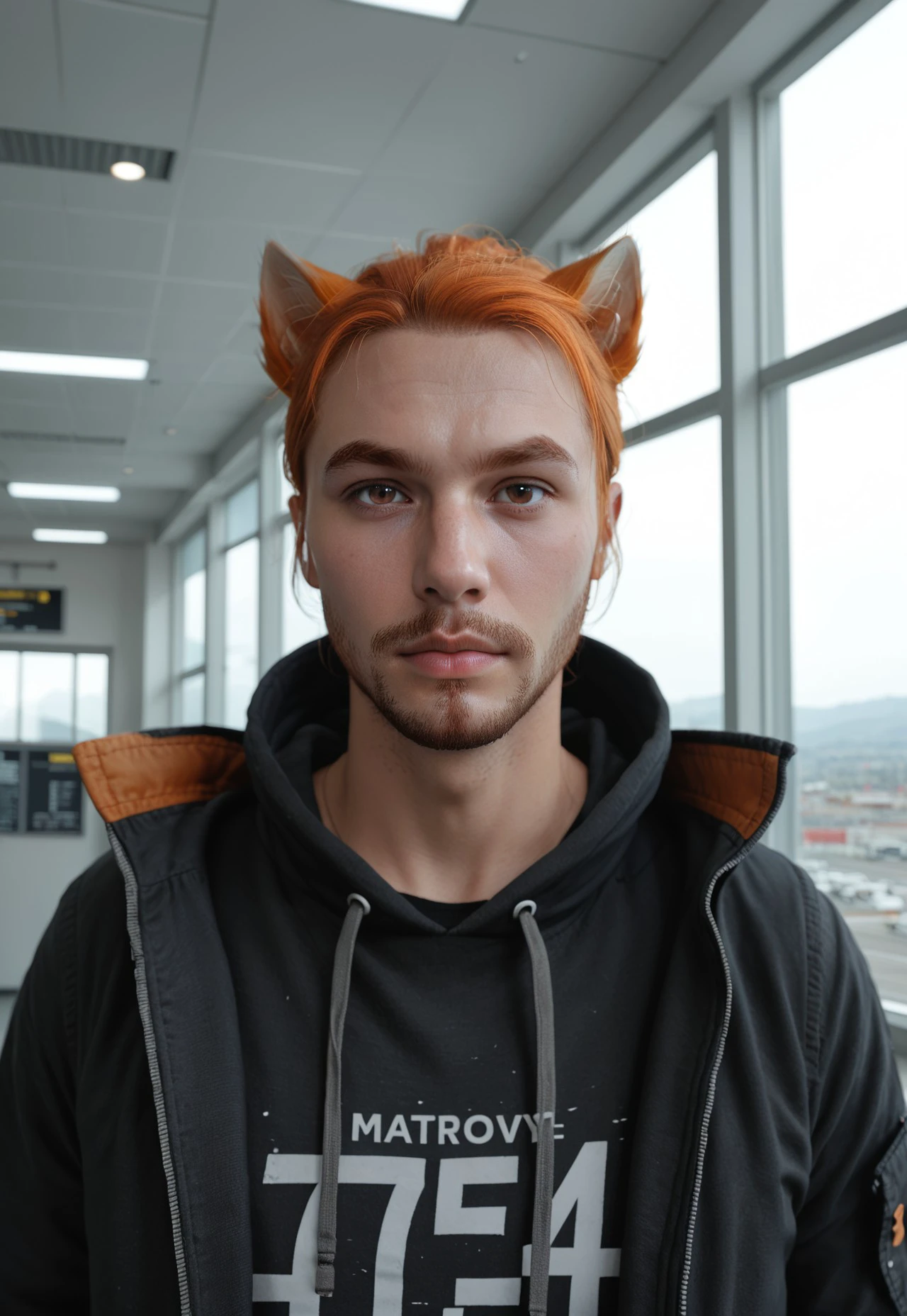 Score_PnyReal  BREAK Roiadan Vanzey, solo, looking at viewer, 1boy, animal ears, brown eyes, upper body, male focus, indoors, cat ears, hood, orange hair, facial hair, beard, airport scene, windows, cinematic angle, cinematic lighting 