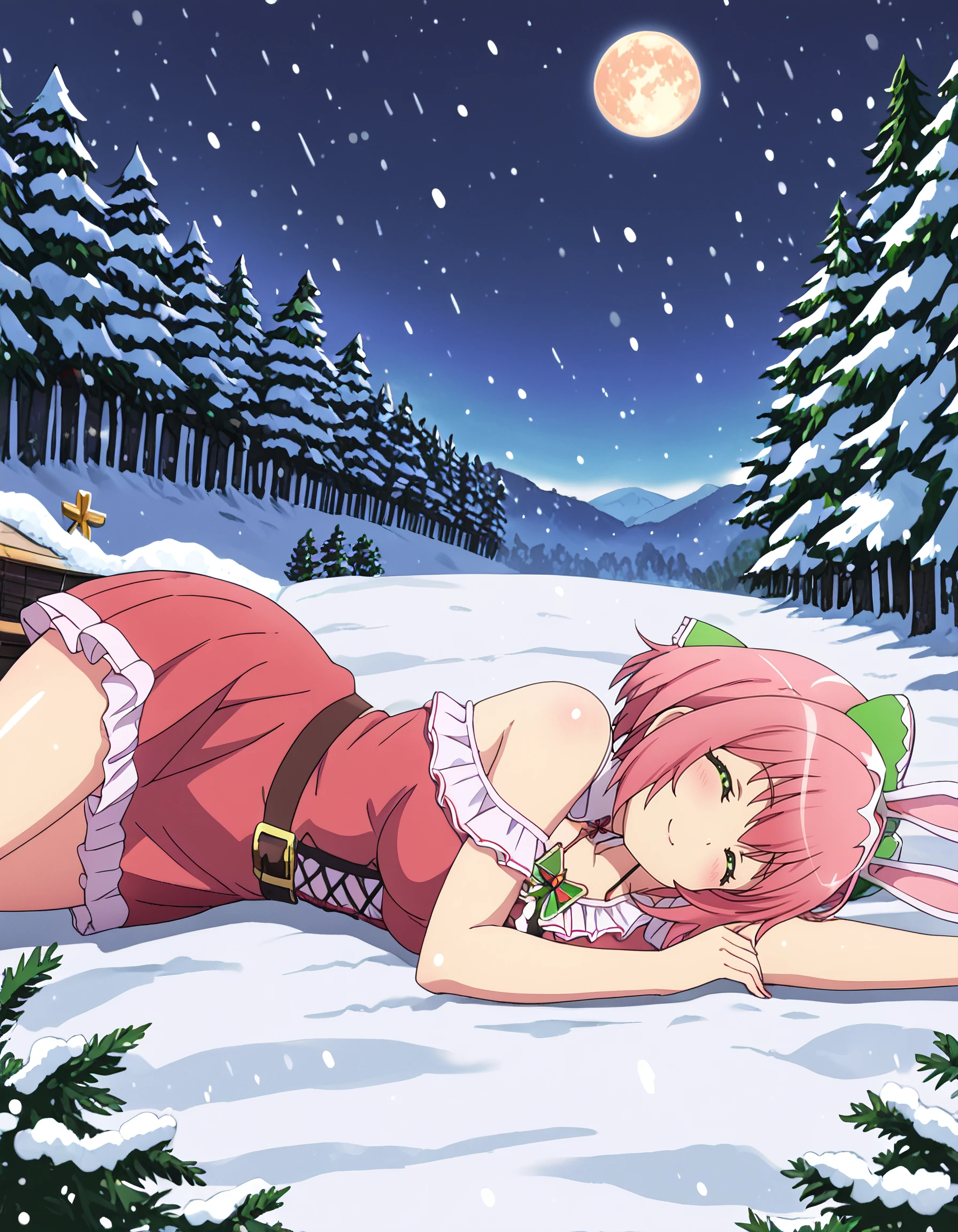 <lora:nohkins_hanabata:1> nohkins_hanabata, pink_hair, short_hair, green_eyes, hair_bow, frills, off-shoulder_dress, red_dress, frilled_dress, 1girl, solo, shiny_skin, lying, on_side, outdoors, snowfall, snowy_forest, full_moon, christmas_lights, bunnies, finger_heart, arms_up, closed_eyes, :d, heart_arms