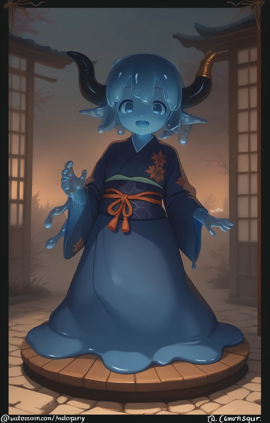 masterpiece, best quality, <lora:slime_girl_core_basePony_v2:1> core, 1girl, solo, smile, open mouth, full body, horns, japanese clothes, twitter username, kimono, no humans, colored skin, border, monster girl, blue skin, black border