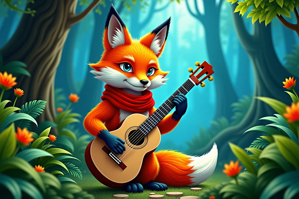 In a mystical, nule style forest setting, where emerald hues and misty veil envelop the landscape, an orange fox poses with regal presence. Framed by lush foliage, the cunning creature gazes piercingly through bright blue eyes, its right hand cradling a light brown guitar. The fiery red scarf wraps elegantly around the neck, complementing darker orange paws and the white feathered tail tip. Amidst the dense forest, the warm-toned fox stands out against the deep blue backdrop, highlighting striking features amidst the mystique of the misty forest.