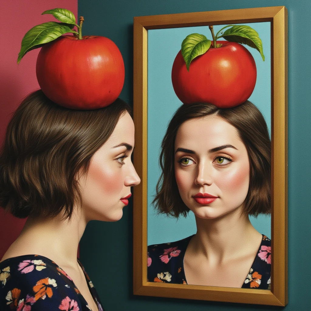 Abstract Surrealist cubist painting depicting a woman with green eyes and a red apple on her head looking at herself in the mirror., <lora:anarmas_local_v4_96img_merger_24_60_01_09:1>