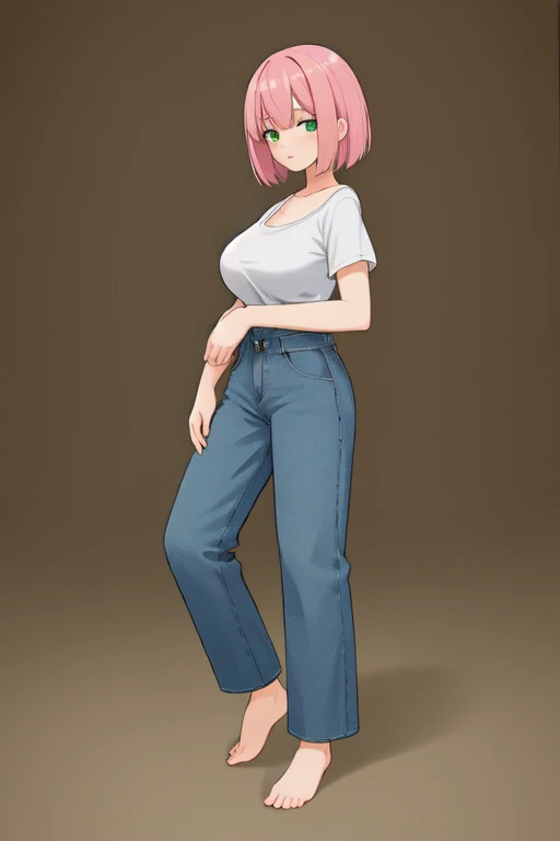 woman, dsbggy, baggy jeans, pink hair, barefoot, medium bob, green eyes, large breasts
