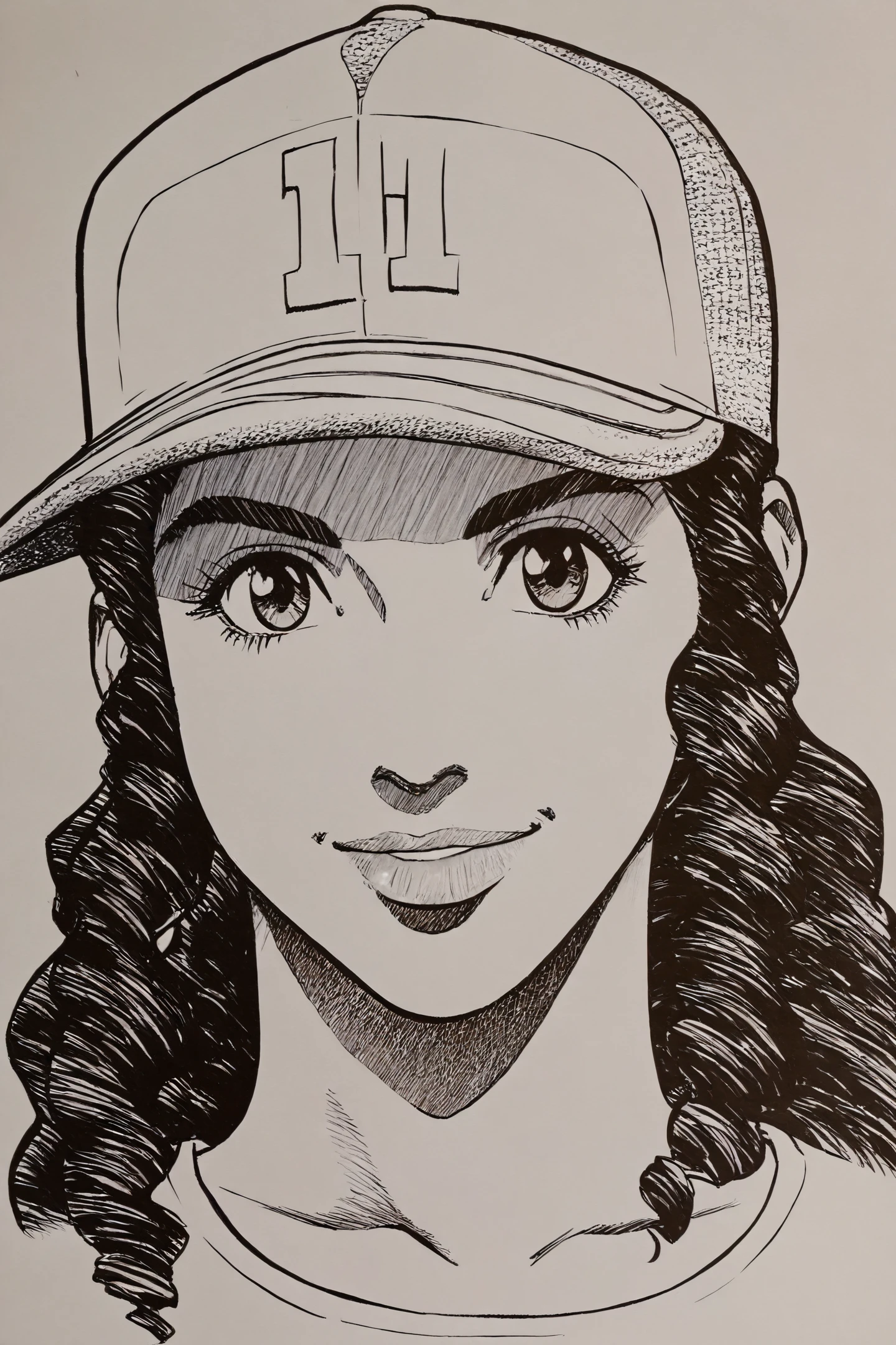 Inoue Ayako,monochrome,1girl,greyscale,solo,hat,smile,baseball cap,looking at viewer,portrait,traditional media,
<lora:Inoue Takehiko_illustriousXL:0.8>,