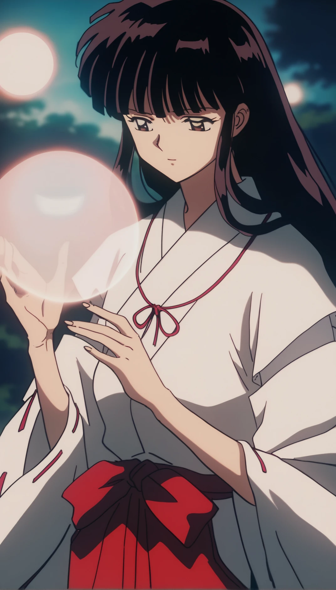 score_9,score_8_up,score_7_up,
<lora:1126kikyo:1>,oykik,
1girl,solo,black hair,bangs,long hair,
brown eyes,
miko outfit,
red ribbon necklace,red hakama,
portrait,h,
outdoors,soft lighting,a light ball over hand,holding a light ball,outdoors,night,dark,light balls,blurry background,black background,