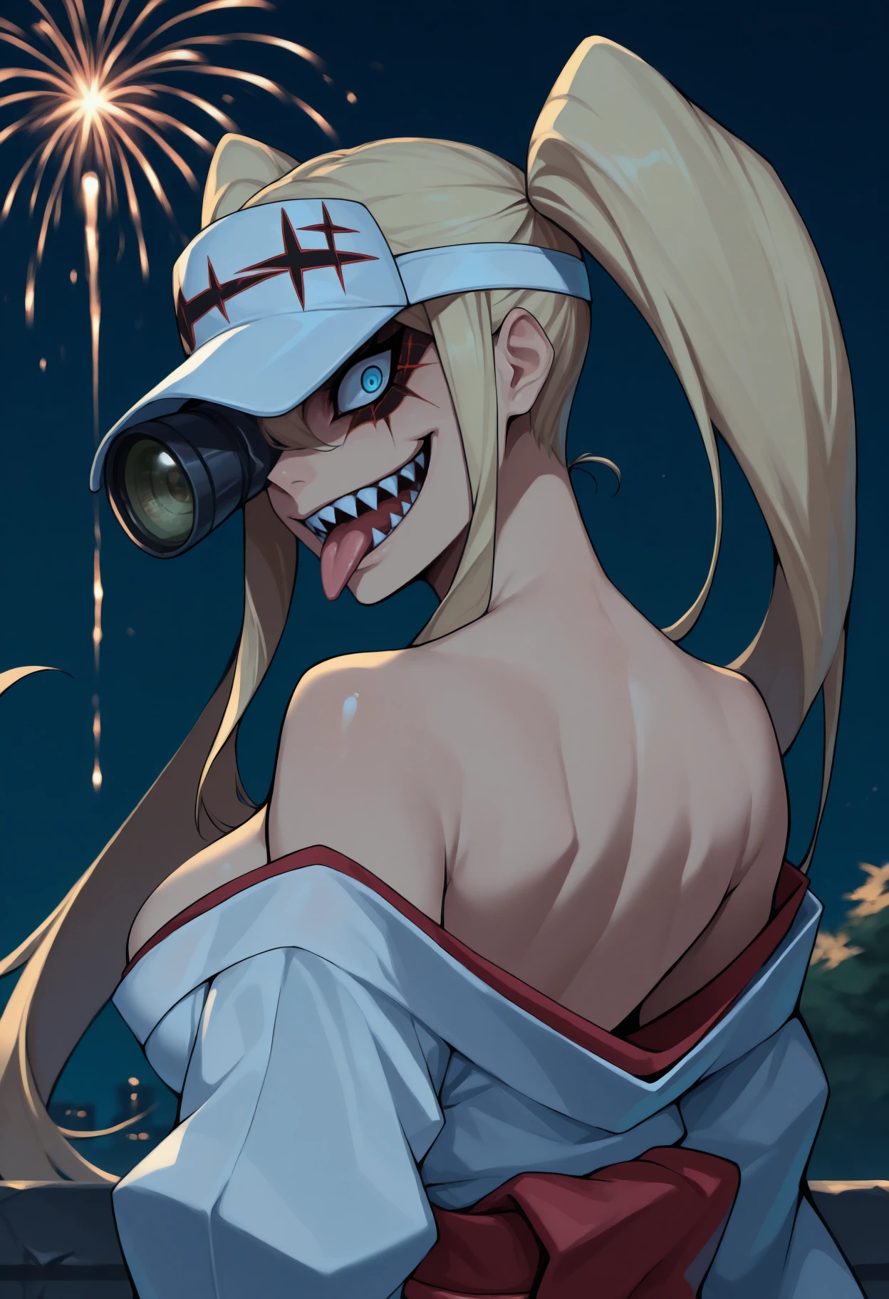 anime, masterpiece, best quality, <break> solo, 1girl, hak0date, sharp teeth, crazy smile, open mouth, tongue out, looking back, long hair, blonde hair, twintails, white headwear, visor cap, scope, blue eyes, one eye covered, japanese clothes, white kimono, off shoulder, red sash, bare shoulders, outdoors, night, fireworks
<segment:yolo-Anzhc Face seg 640 v2 y8n.pt,0.4,0.5//cid=1>