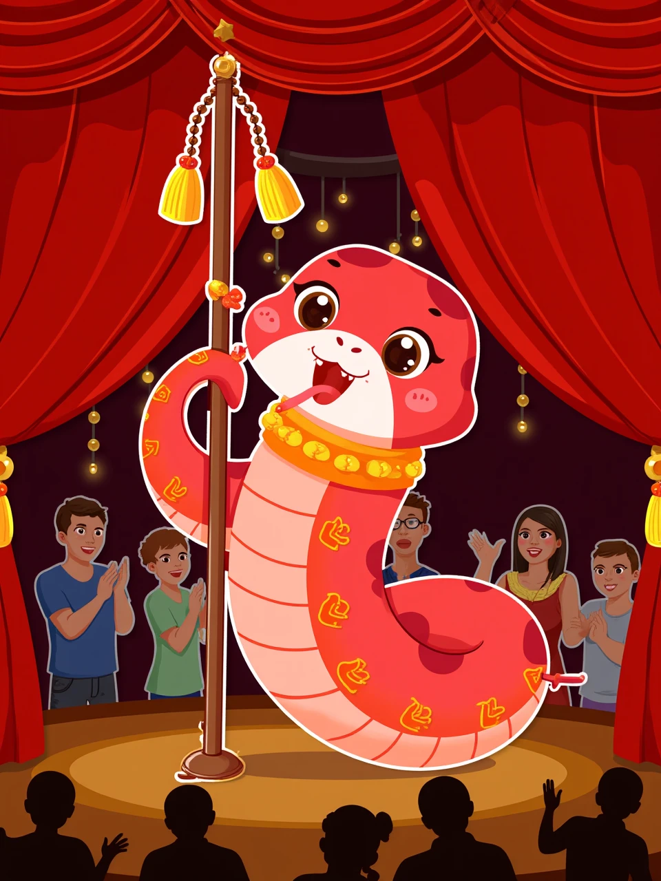 A vector illustration of a red snake with golden accents, performing acrobatics with a pole decorated with tassels. The snake has a lively expression and is surrounded by an audience clapping. The background features a stage with red curtains and lights.