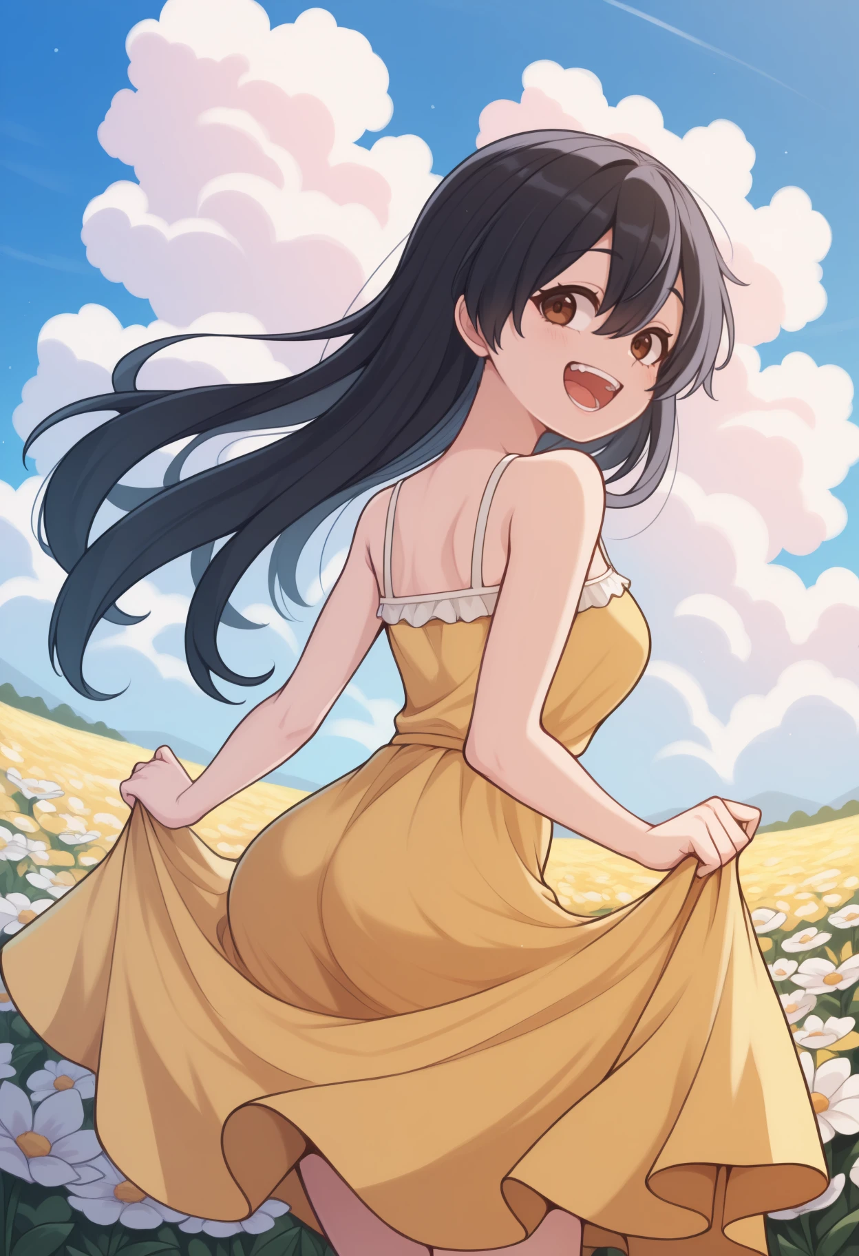 masterpiece, best quality, <break> from behind, solo, 1girl, izumo fuuko, :d, teeth, looking back, skirt hold, short hair, black hair, hair between eyes, long hair, hair down, brown eyes, yellow sundress, bare shoulders, outdoors, blue sky, cloud, flower field
<segment:yolo-Anzhc Face seg 640 v2 y8n.pt,0.4,0.5//cid=1>