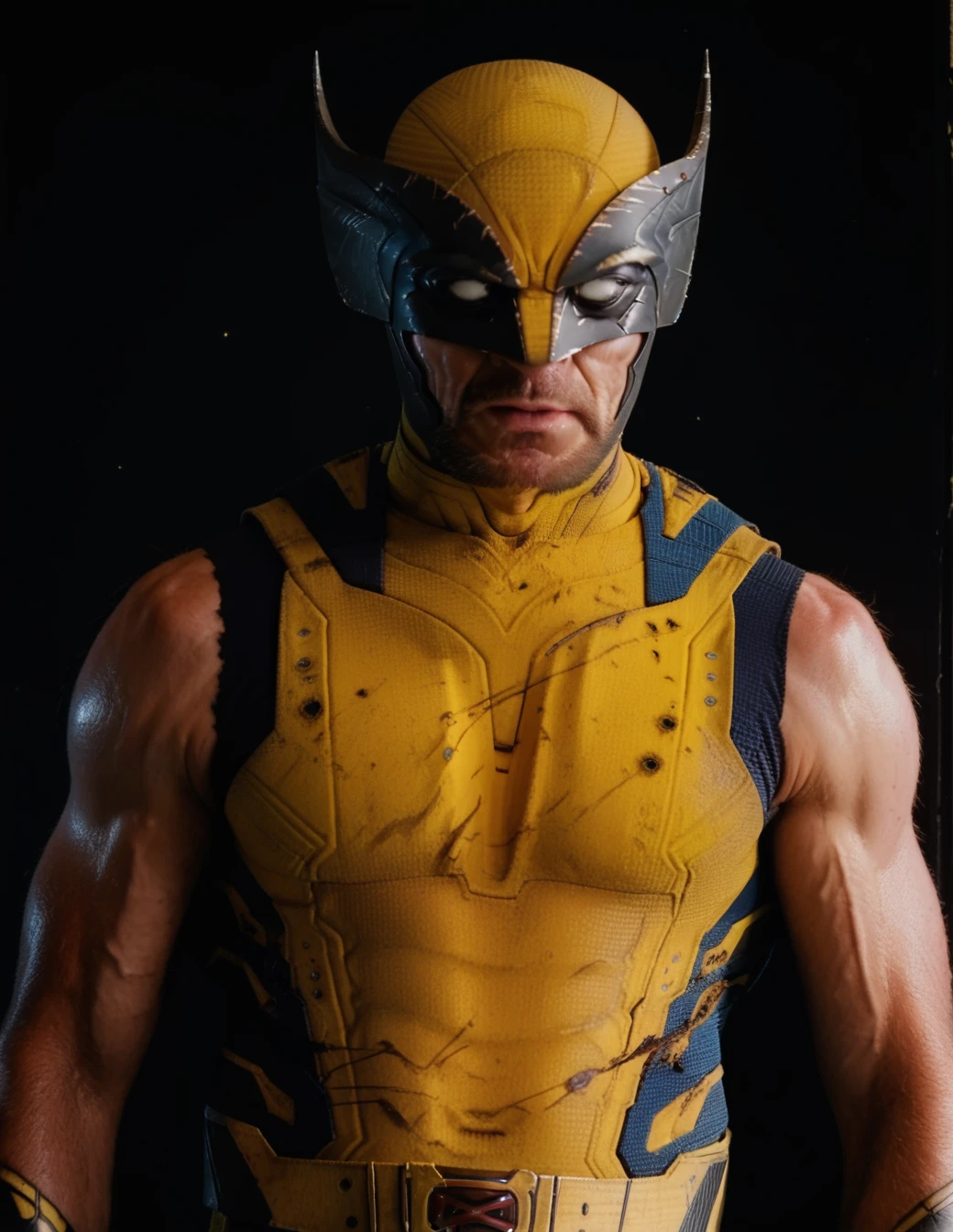 male, athletic, yellow bodysuit, sleeveless, solo. belt, gloves, helmet, high contrast <lora:Wolverine:1> wolverine, score_9, score_8_up, score_7_up, score_6_up, (ultra sharp focus)