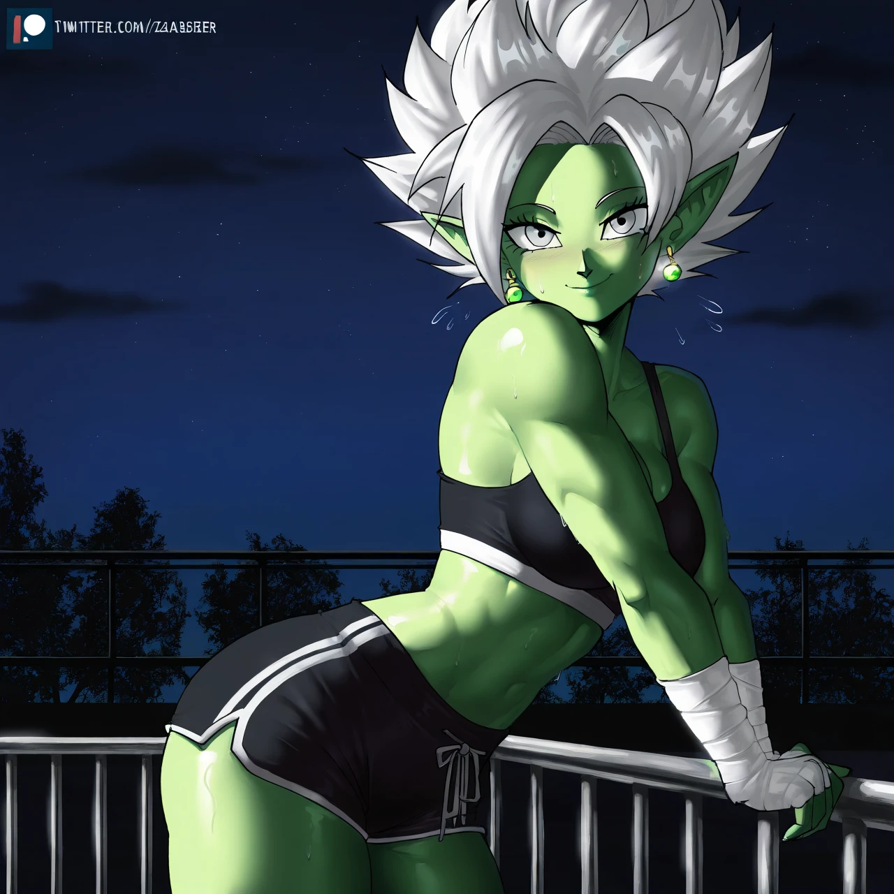 <lora:Zamasu_All_in_One:0.6> masterpiece, best quality, echo saber, outdoors, night, dark, looking at viewer, smile, closed mouth, 1girl, medium breasts, solo, Zafmionasu, colored skin green skin, spiked hair, white hair, super saiyan, grey eyes, pointy ears, potara earrings, green earrings, sports bra, shorts, hand wraps, railing, against railing, arm support, sweatdrop, sweat,