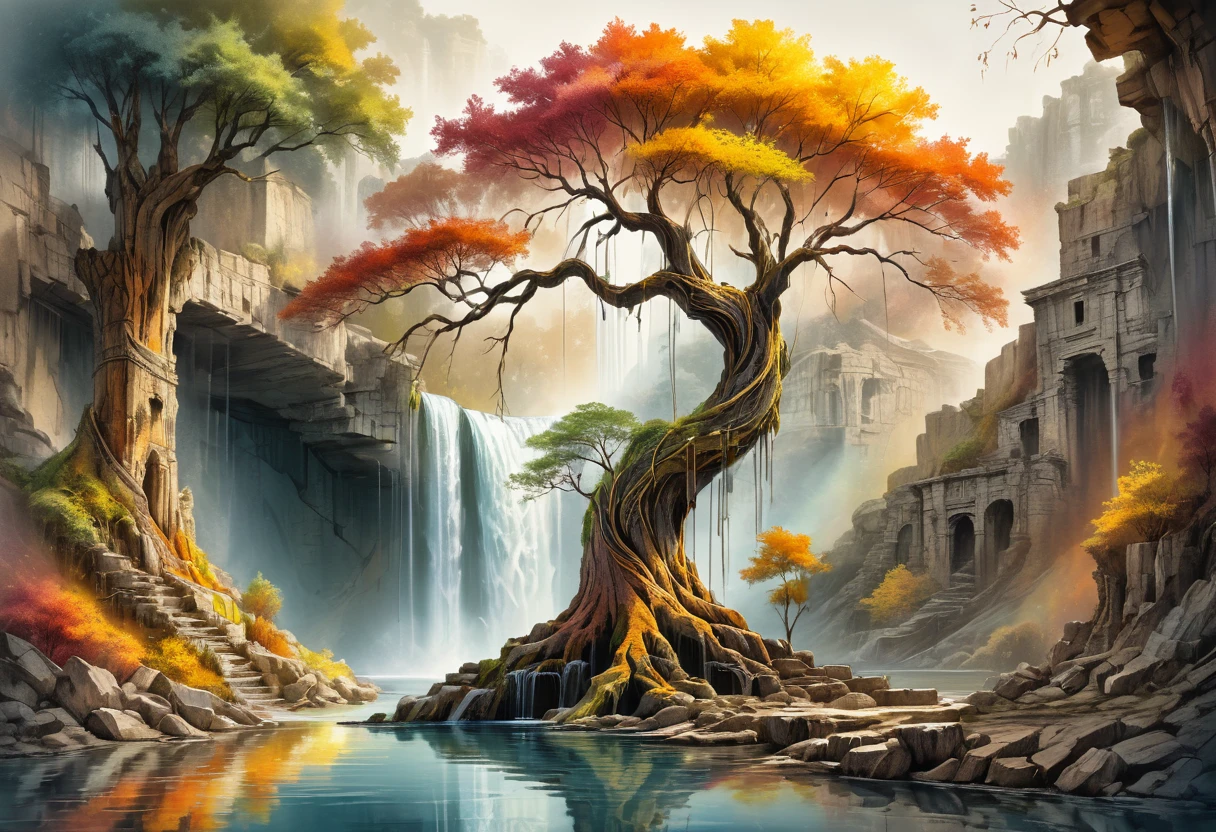 a tree by a waterfall, a tree growing out of ruins, a tree reflected in a still lake, <lora:artfully_TREES-000007:0.4>, sketch of an old tree, warm colors, woven with spiraling motifs, realistically detailed, immersed in cascading layers, depicting motion and flow, outlined in delicate ink lines masterpiece, detailed, best quality, absurd resolution uhd, 8k,