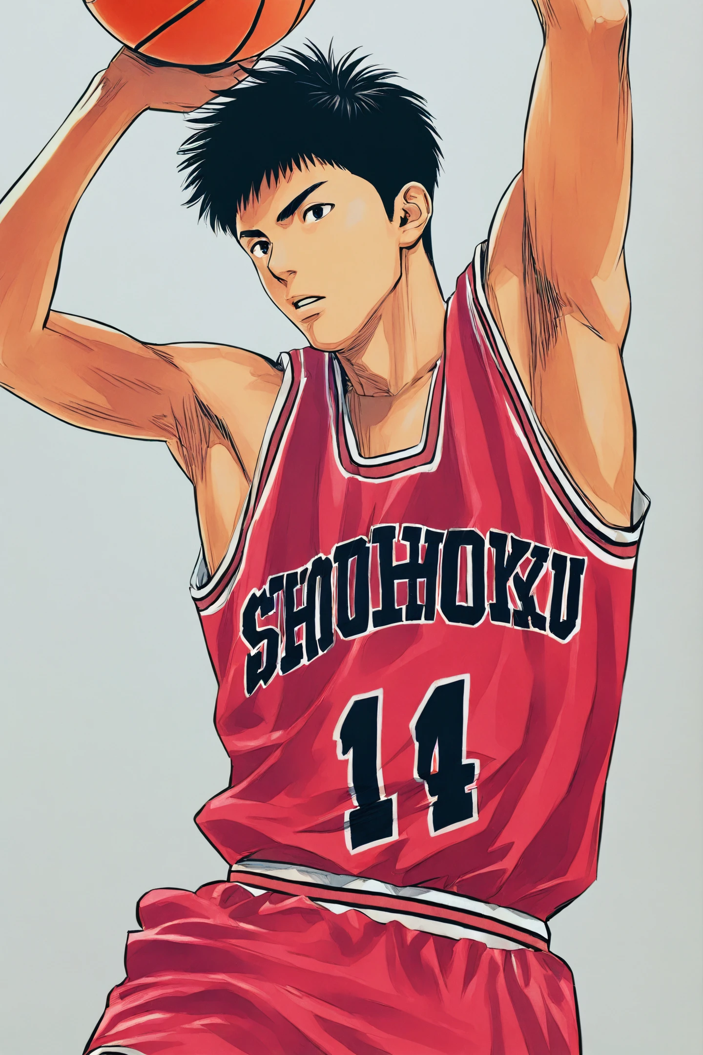 Mitsui Hisashi,1boy,basketball uniform,male focus,sportswear,solo,basketball,shorts,arms up,white background,red shorts,simple background,shirt,short hair,sleeveless,black hair,parted lips,ball,cowboy shot,sleeveless shirt,
<lora:Inoue Takehiko_illustriousXL:0.8>,