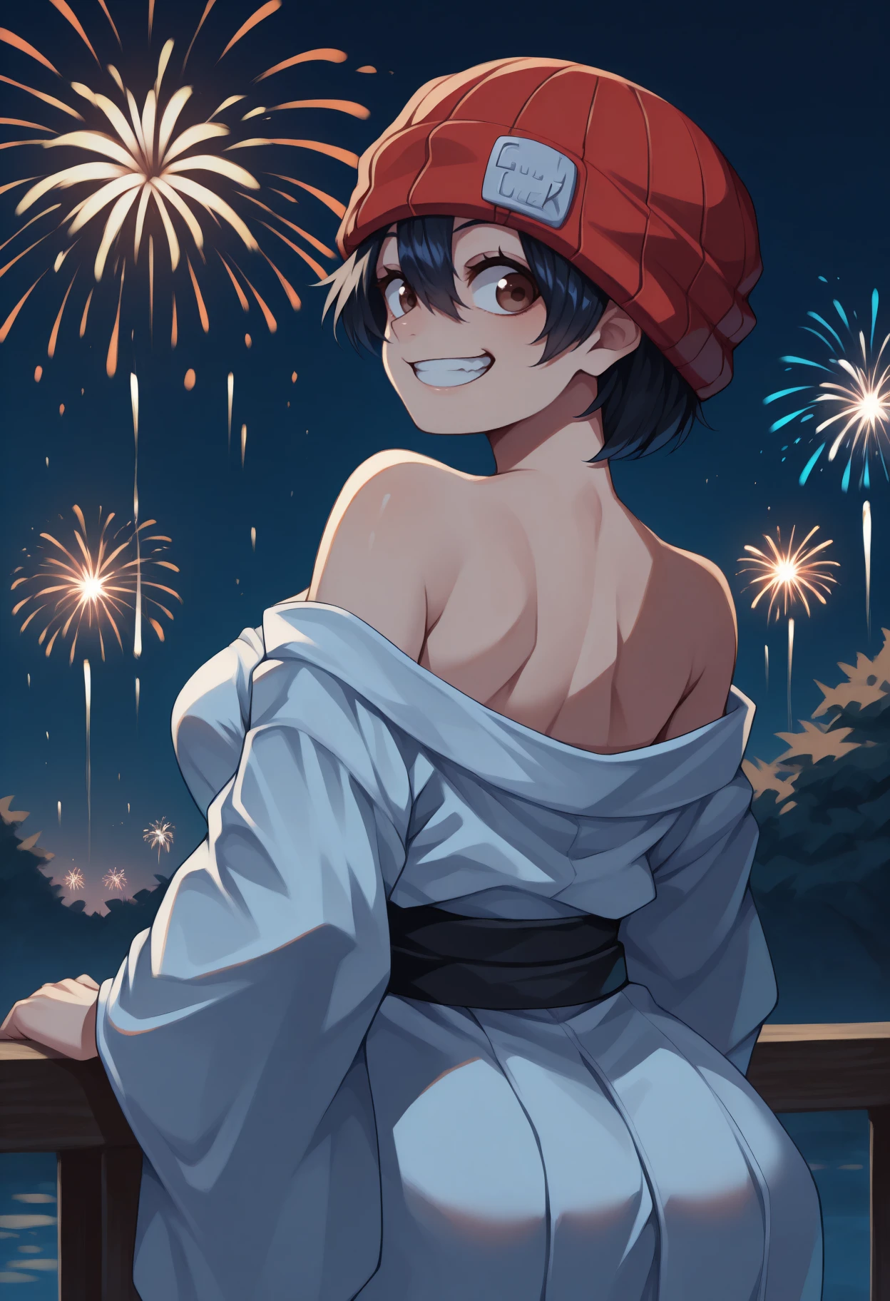 anime, masterpiece, best quality, <break> from behind, solo, 1girl, izumo fuuko, grin, looking back, short hair, black hair, hair between eyes, red headwear, beanie, brown eyes, japanese clothes, white kimono, off shoulder, black sash, bare shoulders, outdoors, night, fireworks
<segment:yolo-Anzhc Face seg 640 v2 y8n.pt,0.4,0.5//cid=1>