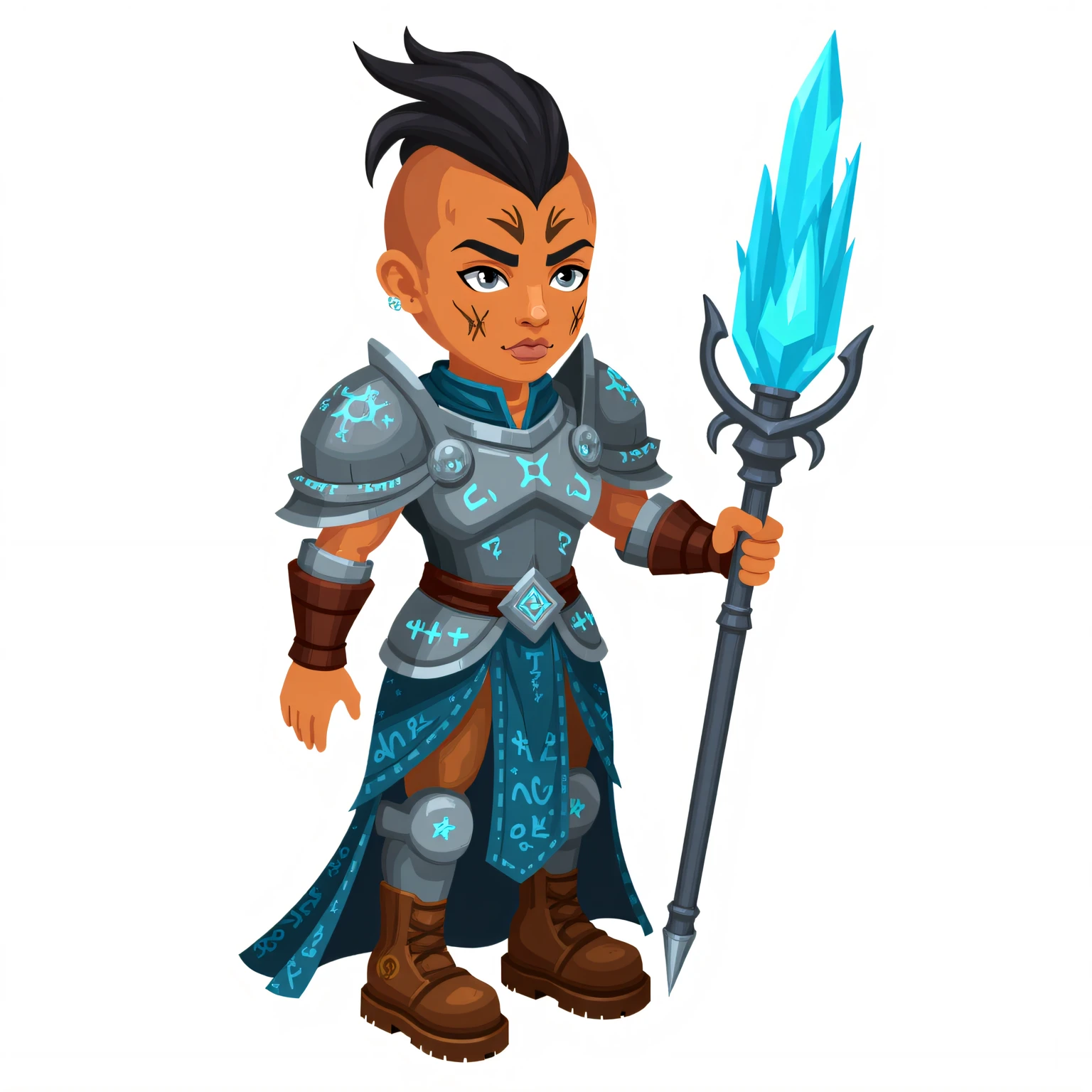 fvhdstyle, solo, 1boy, tan skin with battle scars, mohawk, steely gaze, magical armor with glowing blue runes, giant crystal staff, relaxed hands, rugged boots, determined expression, fierce and mystical aura presence, highly detailed, flat vector artstyle, sharp edges, plain white background.