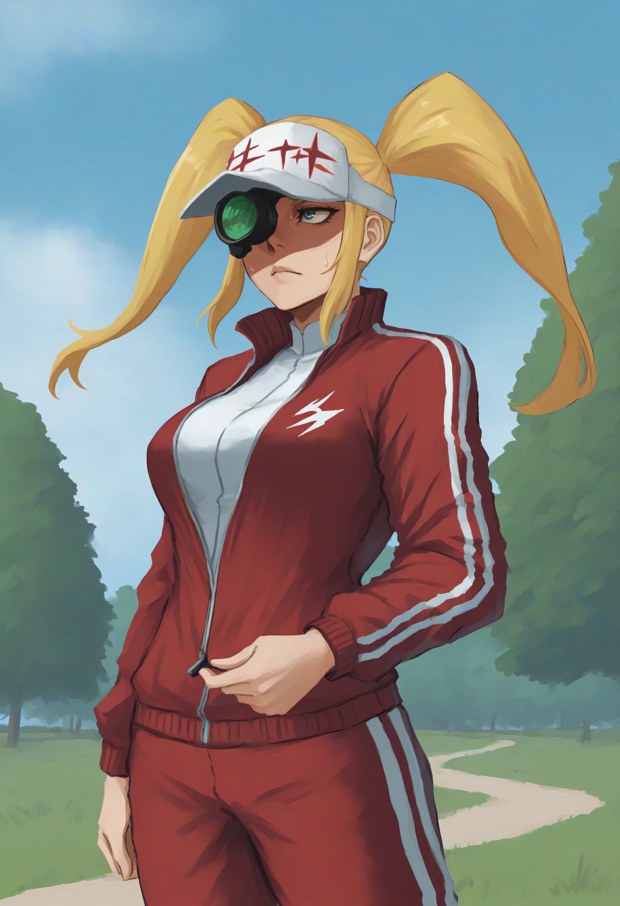 masterpiece, best quality, <break> cowboy shot, solo, 1girl, hak0date, sweat, expressionless, closed mouth, looking away, standing, unzipping, arm at side, long hair, blonde hair, twintails, white headwear, visor cap, scope, blue eyes, one eye covered, track suit, red jacket, track jacket, partially unzipped, long sleeves, white shirt, red pants, outdoors, blue sky, cloud, park, tree, grass, path
<segment:yolo-Anzhc Face seg 640 v2 y8n.pt,0.4,0.5//cid=1>