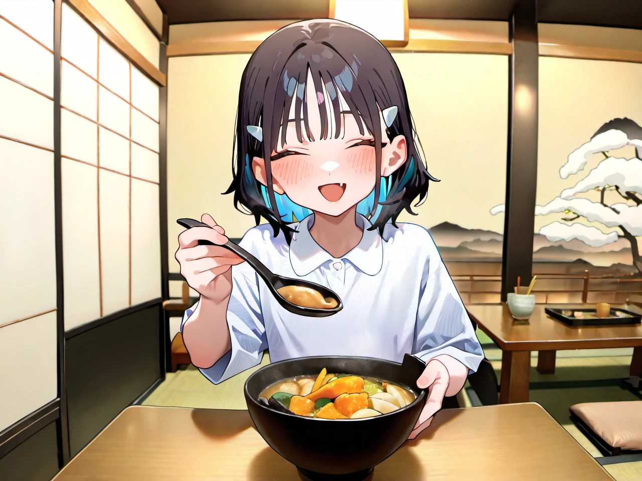 1girl, young girl, fsw, happy, 
indoors, japanese restaurant, table, houtou, holding spoon and chopsticks, 
latest, masterpiece, best quality, very aesthetic, absurdres, (high resolution:1.1), detail, (best quality:1.1),
(ultra detailed:1.1), (beautiful illustration:1.1),
 <lora:Houtou_Illustrious:1>,  <lora:esuke_autoro_illustrious:1>,