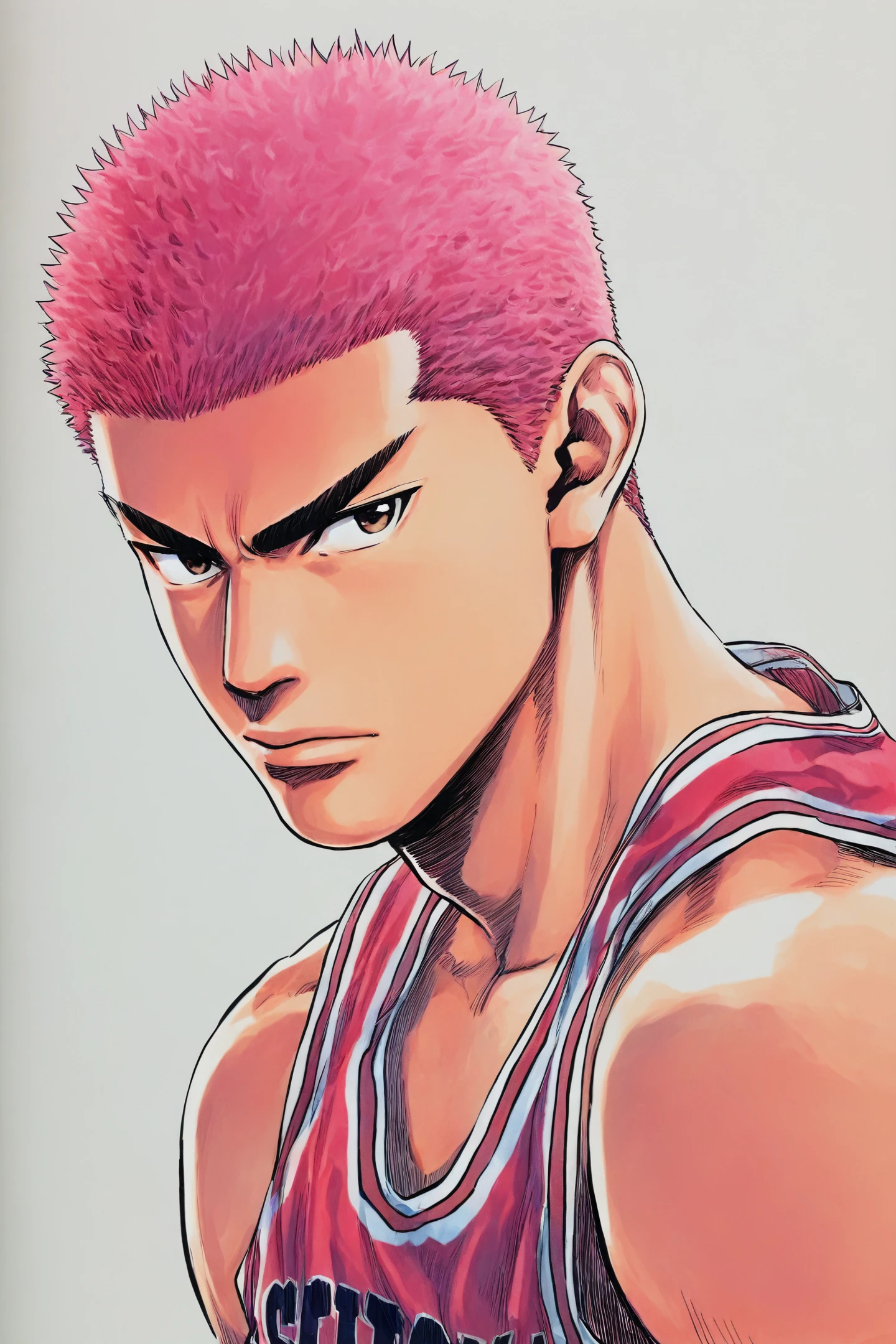 Sakuragi Hanamichi,1boy,male focus,solo,pink hair,looking at viewer,white background,sportswear,short hair,red basketball uniform,simple background,brown eyes,upper body,tank top,
<lora:Inoue Takehiko_illustriousXL:0.8>,