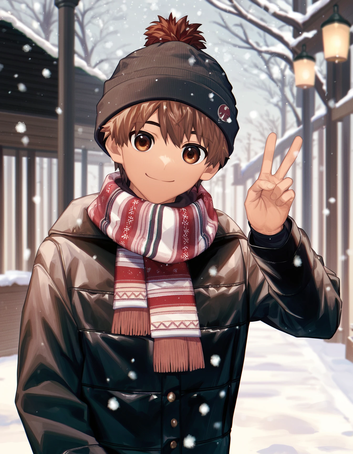 score_9, score_8_up, score_7_up, score_6_up, source_anime, outdoors, winter, snowing, 1boy, solo, brown hair, brown eyes, jacket, scarf, beanie, smile, peace sign <lora:nayoshi-amxl-v5f-ShoAI:1>