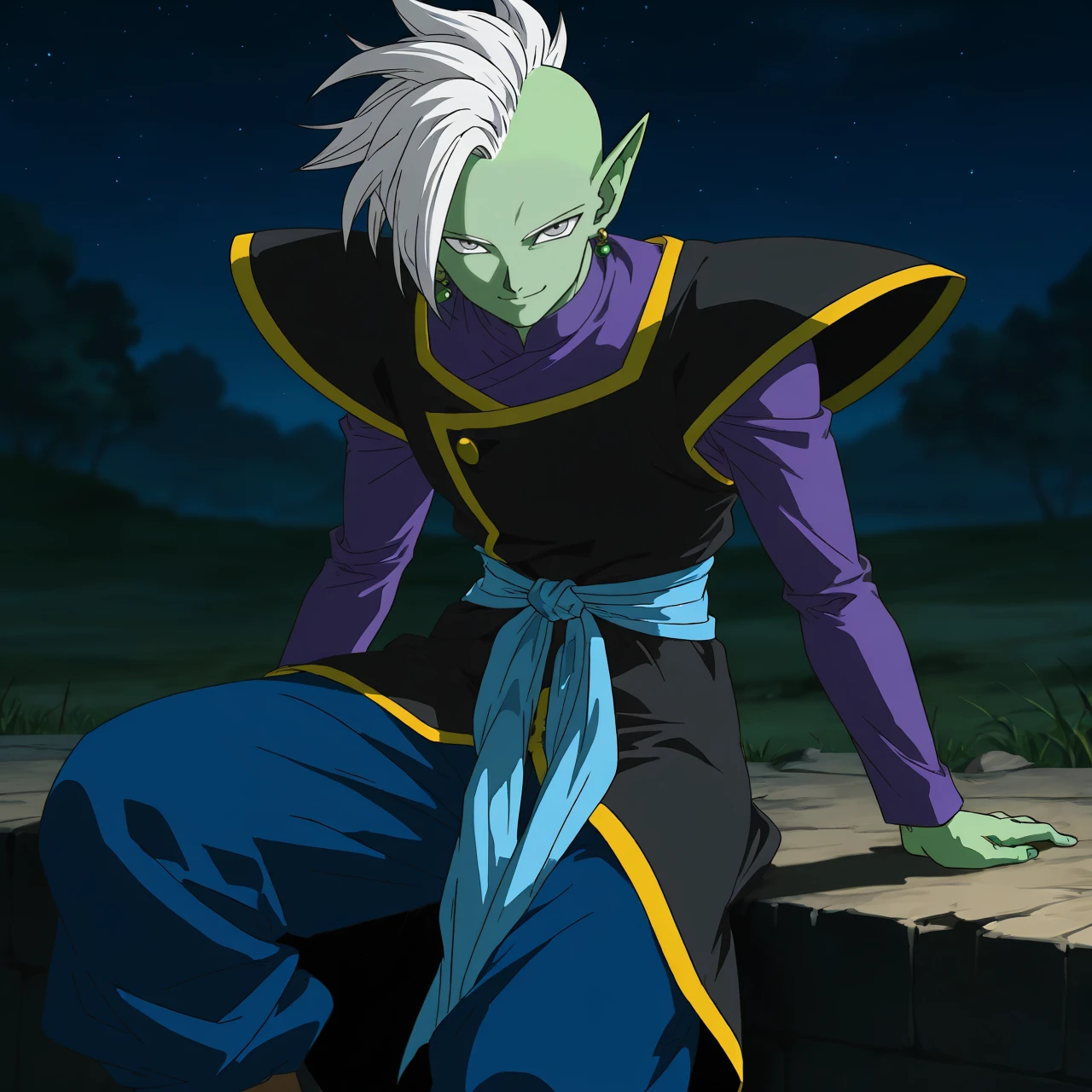 masterpiece, best quality, anime screenshot, outdoors, night, dark, dark theme, looking at viewer, smile, closed mouth, 1boy, solo, <lora:Zamasu_All_in_One:0.6> Zambaseasu, colored skin, green skin, mohawk, white hair, grey eyes, pointy ears, potara earrings, single earring, green earring, purple shirt, long sleeves, shirt under tunic, black tunic, shoulder pads, yellow trim, gold button, blue sash, baggy pants, blue pants