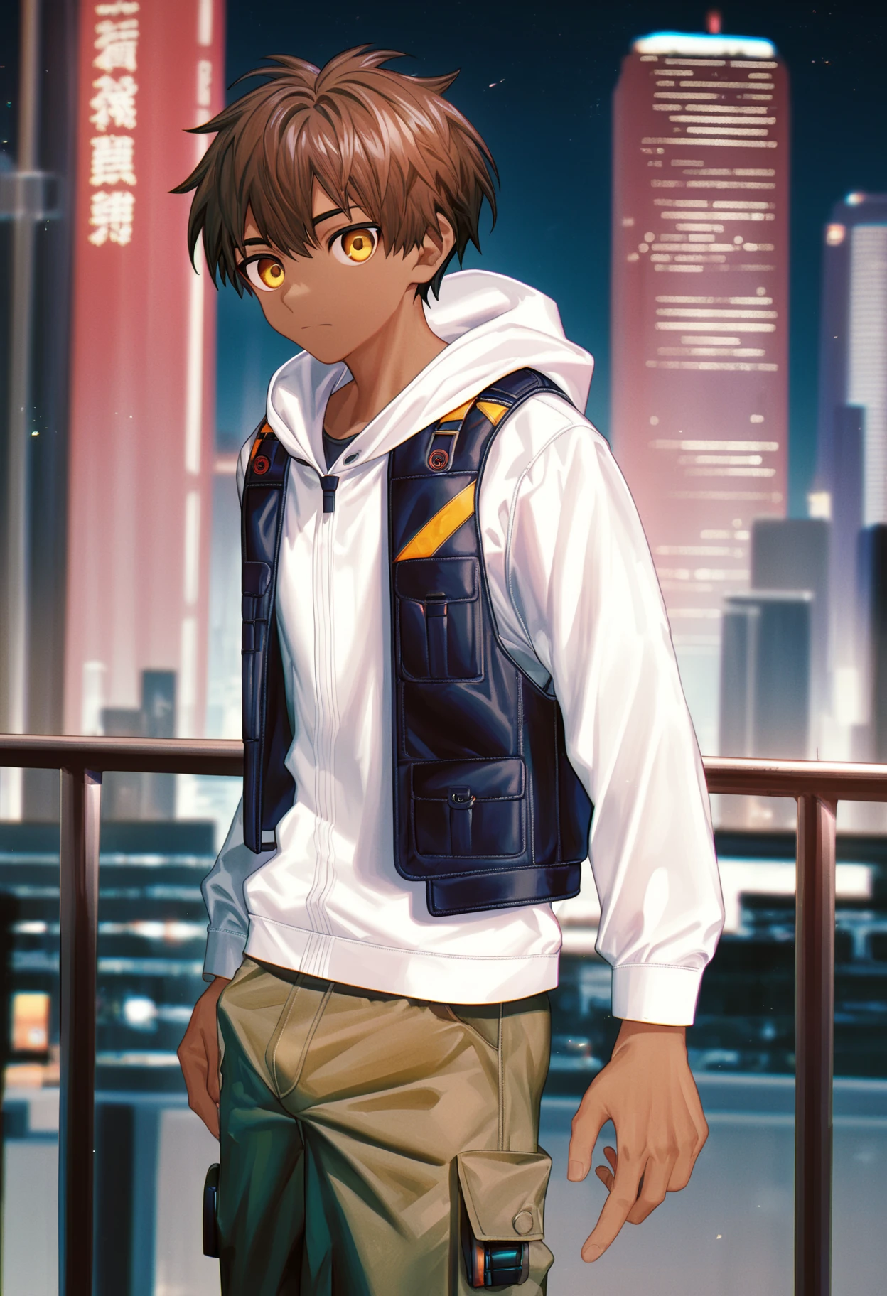score_9, score_8_up, score_7_up, score_6_up, source_anime, science fiction, outdoors, cityscape, night, dark 1boy, solo, brown hair, yellow eyes, leaning against railing, wind, dark skin, white hoodie, vest, open vest, cargo pants, looking down at viewer, depth of field, chromatic aberration <lora:nayoshi-amxl-v5f-ShoAI:1>