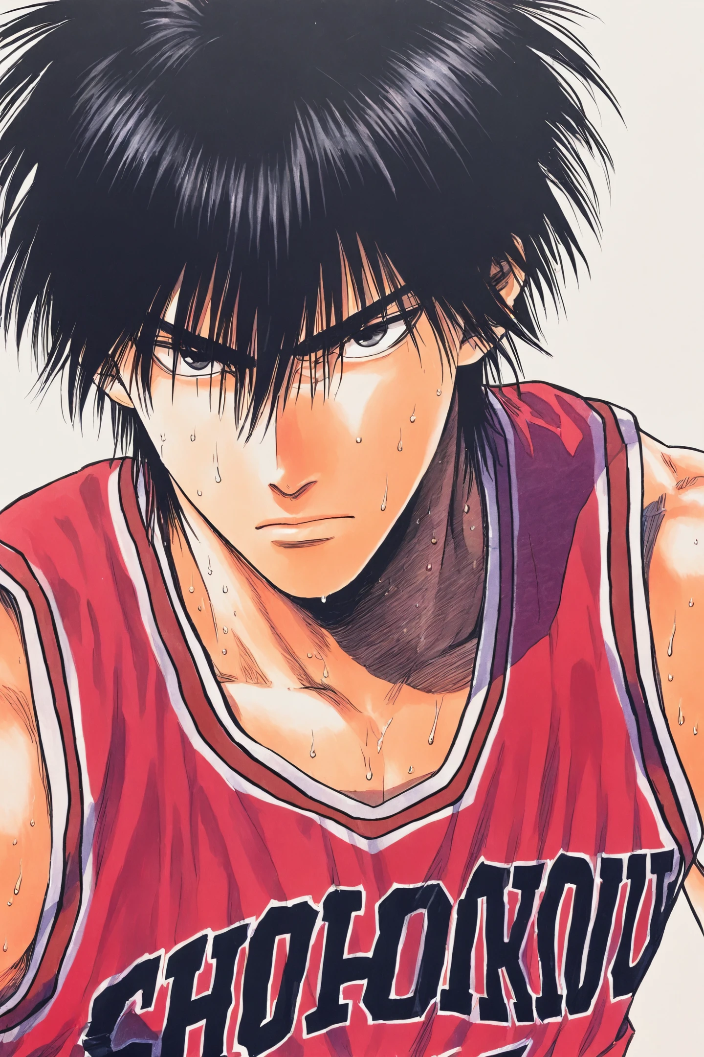 Rukawa Kaede,red basketball uniform,1boy,male focus,solo,sportswear,black hair,white background,simple background,sweat,sleeveless,spiked hair,closed mouth,traditional media,hair between eyes,bangs,black eyes,looking at viewer,serious,clothes writing,upper body,
<lora:Inoue Takehiko_illustriousXL:0.8>,