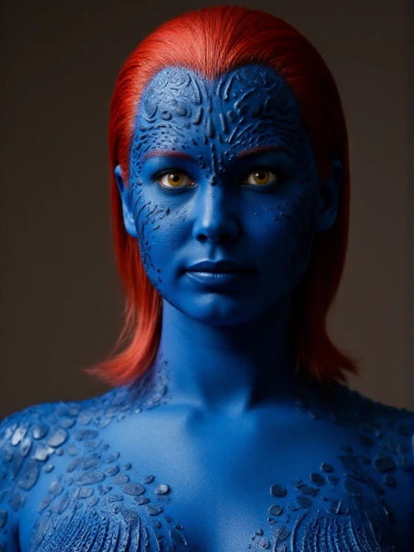 <lora:Mystique_r1:0.9> mystique, blue skin, yellow eyes, red hair. full body. closeup face portrait