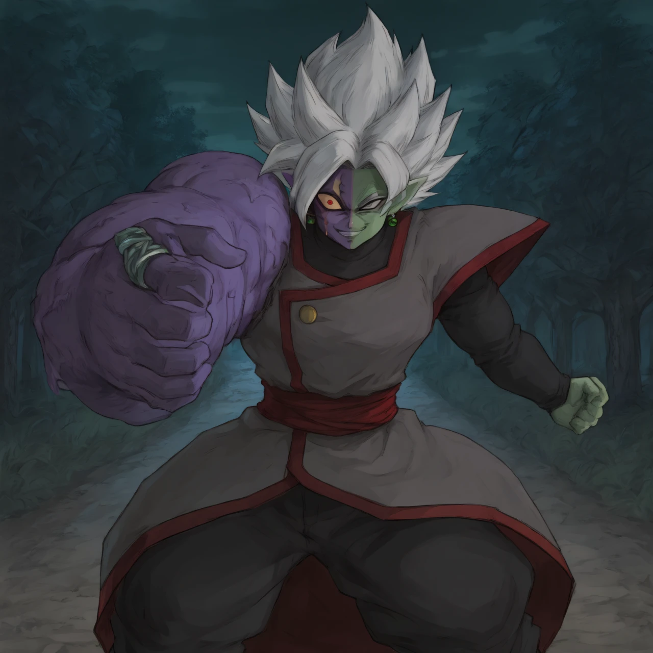 masterpiece, best quality, anime screenshot, outdoors, night, dark, dark theme, looking at viewer, evil smile, closed mouth, 1boy, solo, <lora:Zamasu_All_in_One:0.9> multicolored skin, two-tone skin, colored skin, green skin, purple skin, heterochromia, grey eyes, red eyes, mismatched sclera, colored sclera, ring, spiked hair, short hair, white hair, parted bangs, pointy ears, potara earrings, green earrings, black shirt, long sleeves, shirt under tunic, grey tunic, shoulder pads, red trim, gold button, red sash, baggy pants, black pants, muscular, incoming attack, dynamic pose, foreshortening