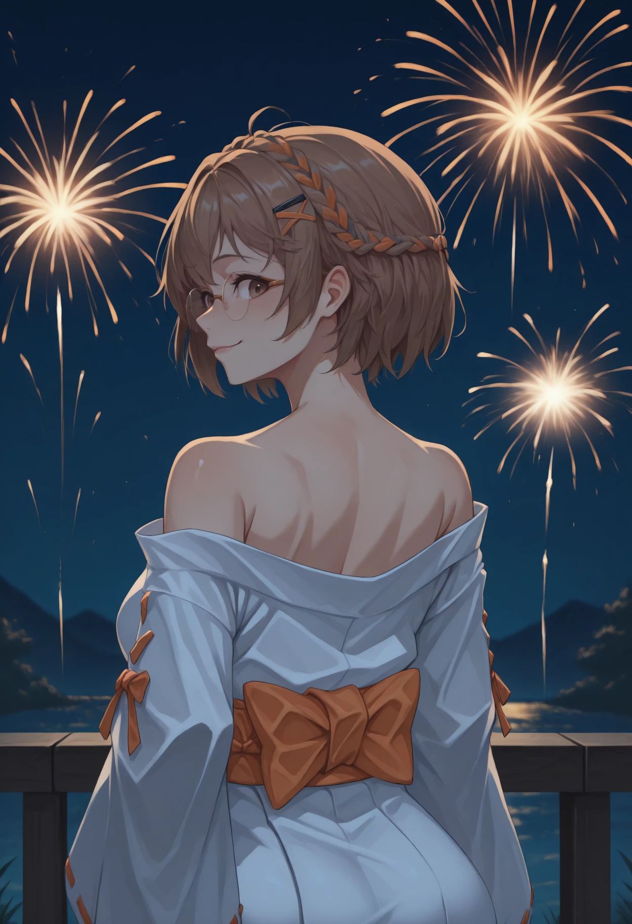 masterpiece, best quality, <break> from behind, solo, 1girl, maddelena, smile, looking back, short hair, brown hair, braid, hairclip, brown eyes, glasses, japanese clothes, white kimono, off shoulder, orange sash, bare shoulders, outdoors, night, fireworks
<segment:yolo-Anzhc Face seg 640 v2 y8n.pt,0.4,0.5//cid=1>