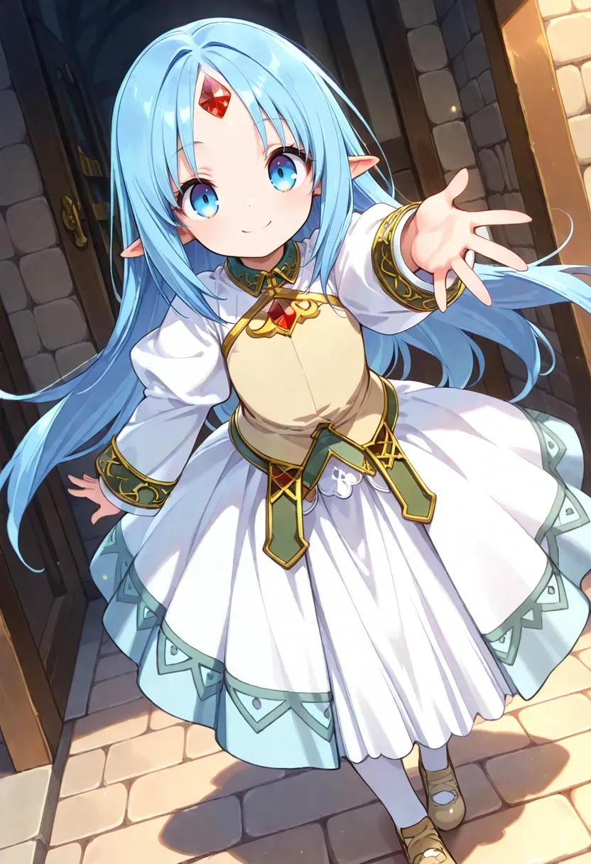 masterpiece, best quality,newest,1girl,reset_kalar_IL ,pointy ears,blue hair,long hair,long sleeves,puffy sleeves,dress,red gem forehead,looking at viewer,smile,cute girl,,<lora:Reset kaler_ilxl_v1:0.7>,reaching towards viewer,full body, dutch angle,