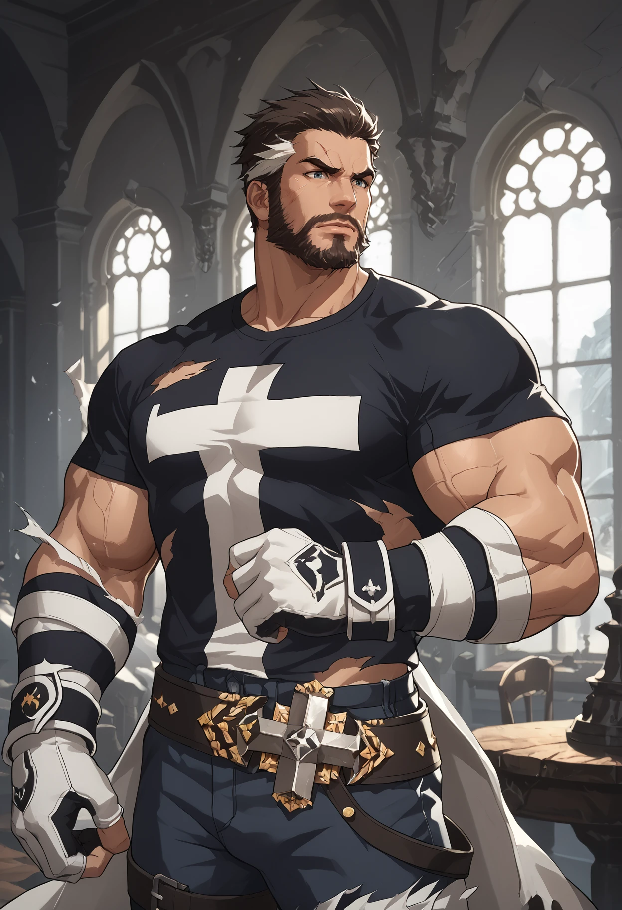 score_9, score_8_up, score_7_up, highly detailed, intricate details, detailed background, 1boy, bara, mature male, short hair, multicolored hair, white streak, gloves, black shirt, torn clothes, scar, muscular, beard, manly, indoors, dnfmonk <lora:DNF Monk (Pony)1:0.9>